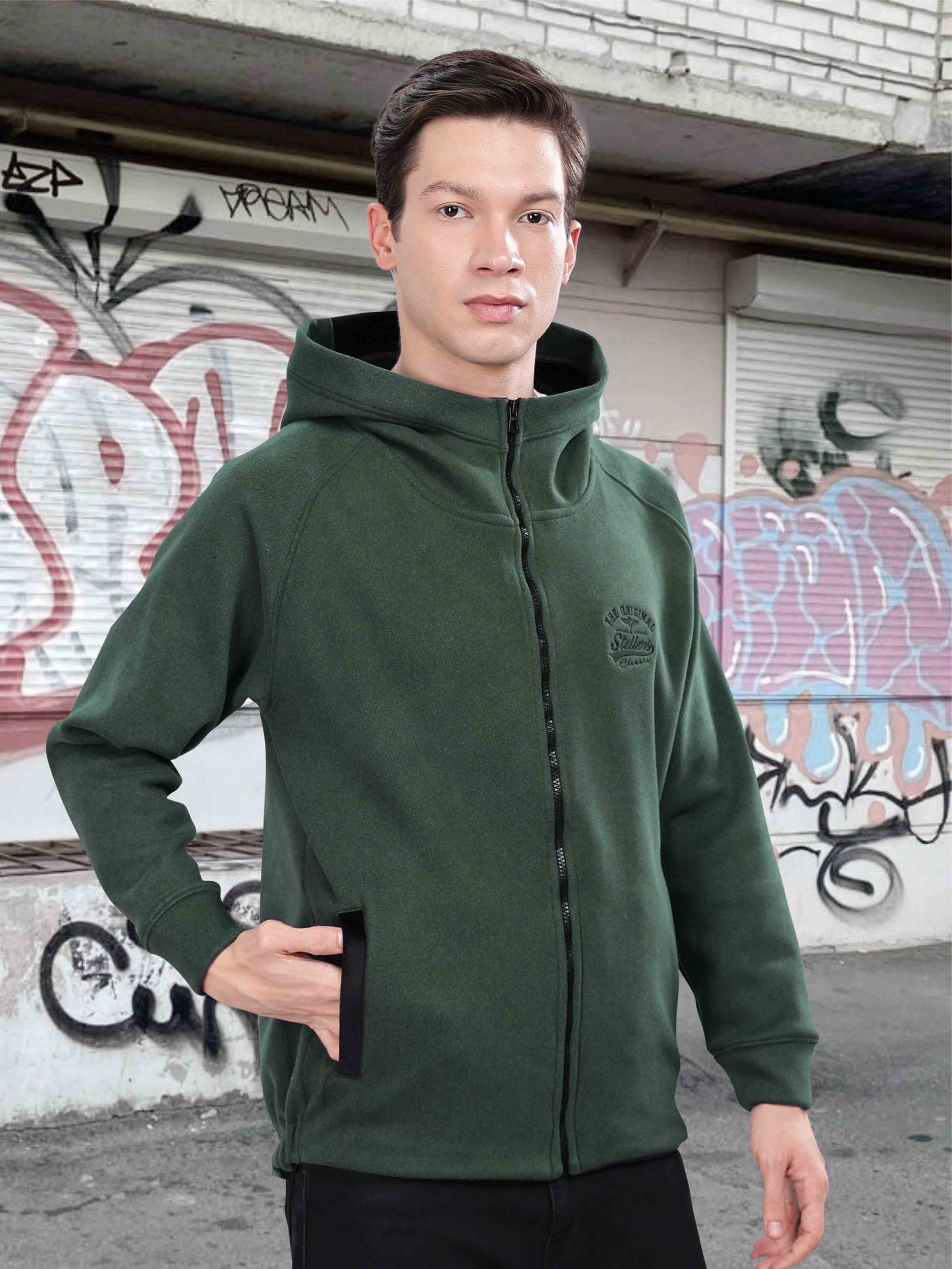 Bottle Green Zipper Hoodie for Men