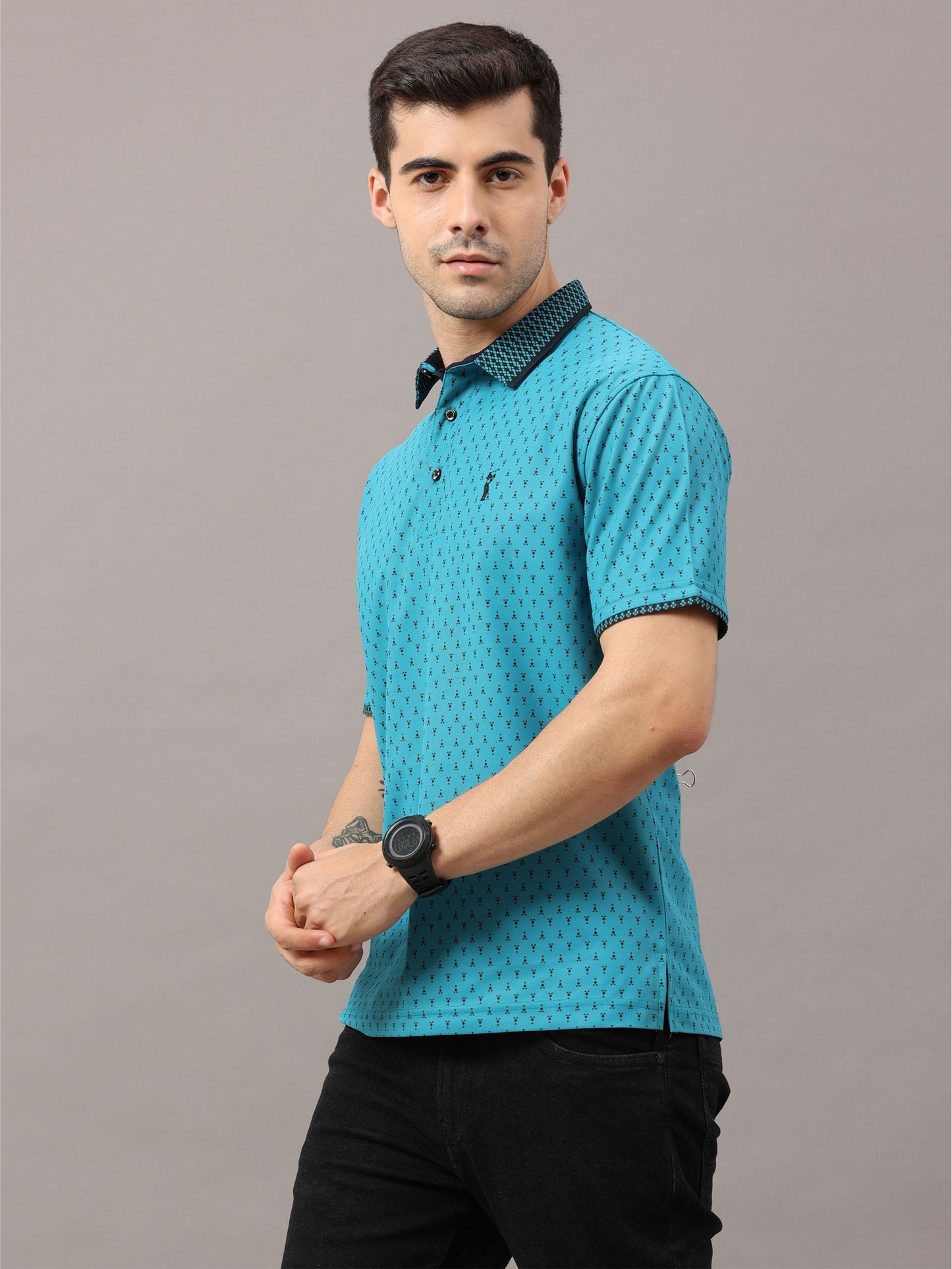 Jade Green Men's Ant Print Golf Polo T-Shirts | Quick Dry | Stretchable | UV Protected | Wrinkle & Odour-Free
