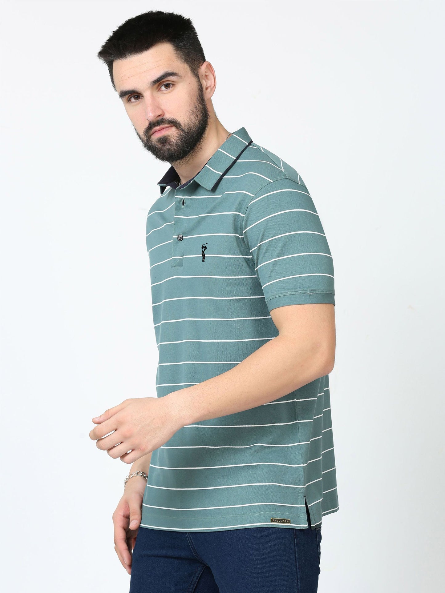 Teal Blue Striped Polo T Shirt for Men