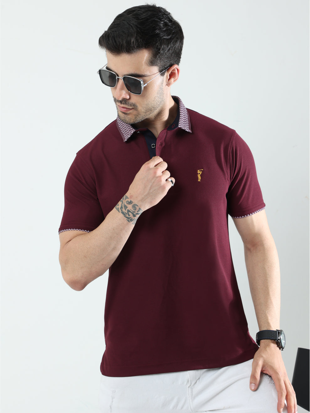 Wine Men's Jacquard Collar Polo T-Shirt | Quick Dry | Stretchable | UV Protected | Wrinkle & Odour-Free