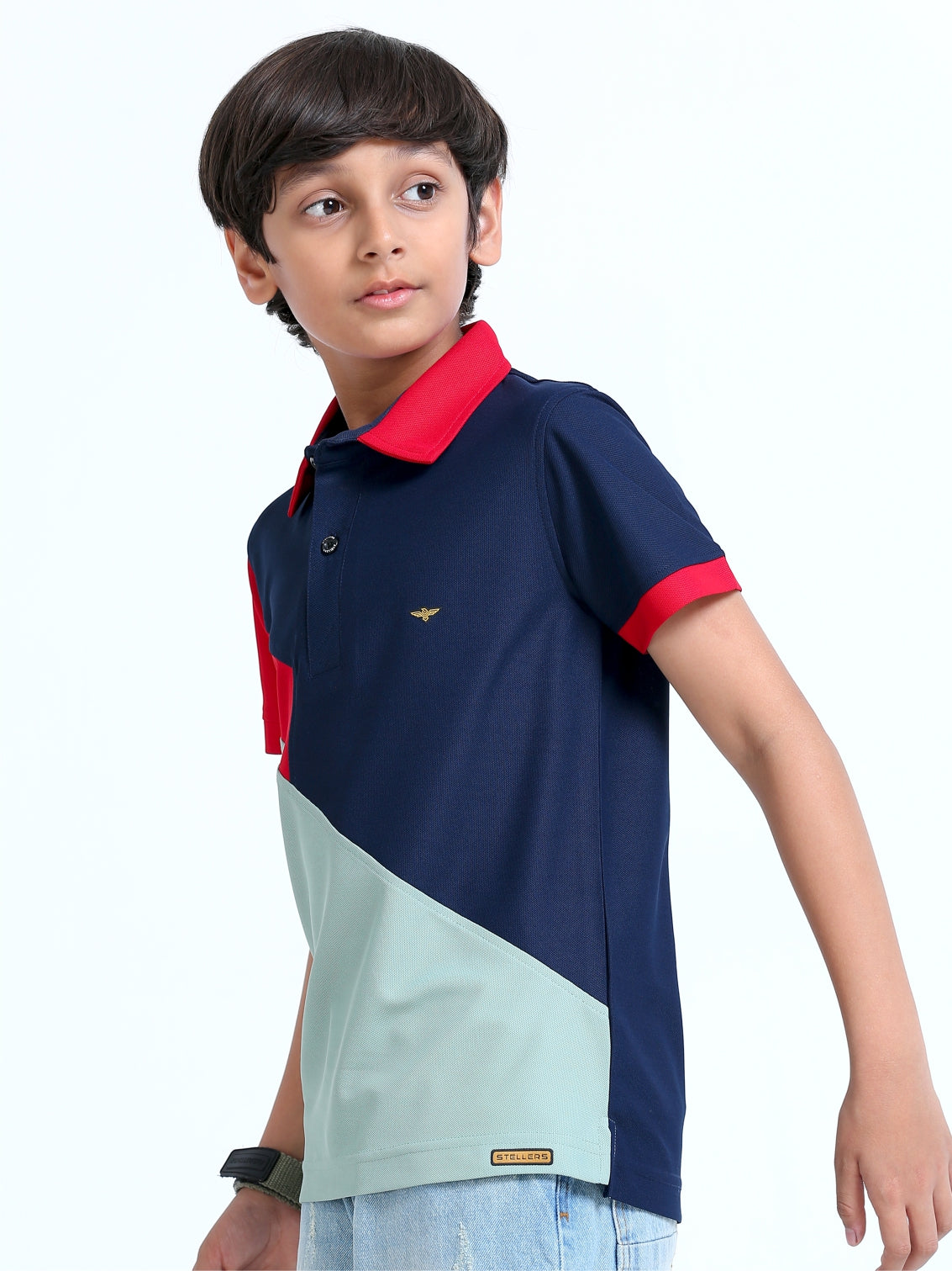 Navy Blue Cross Panel Boy's Polo T-Shirt