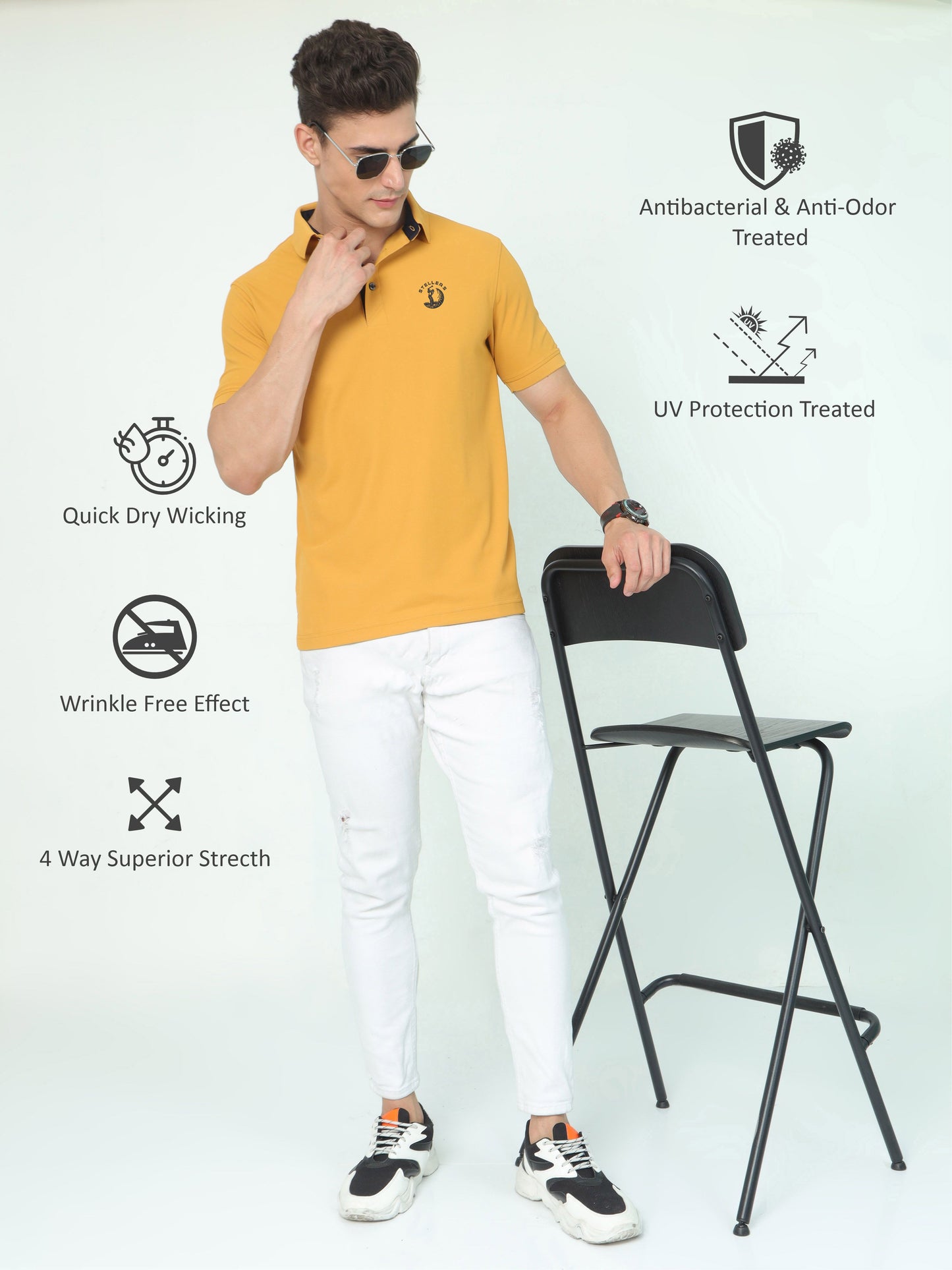 Men Mustard Golf Polo T-Shirt | Quick Dry | Stretchable | UV Protected | Wrinkle & Odour-Free