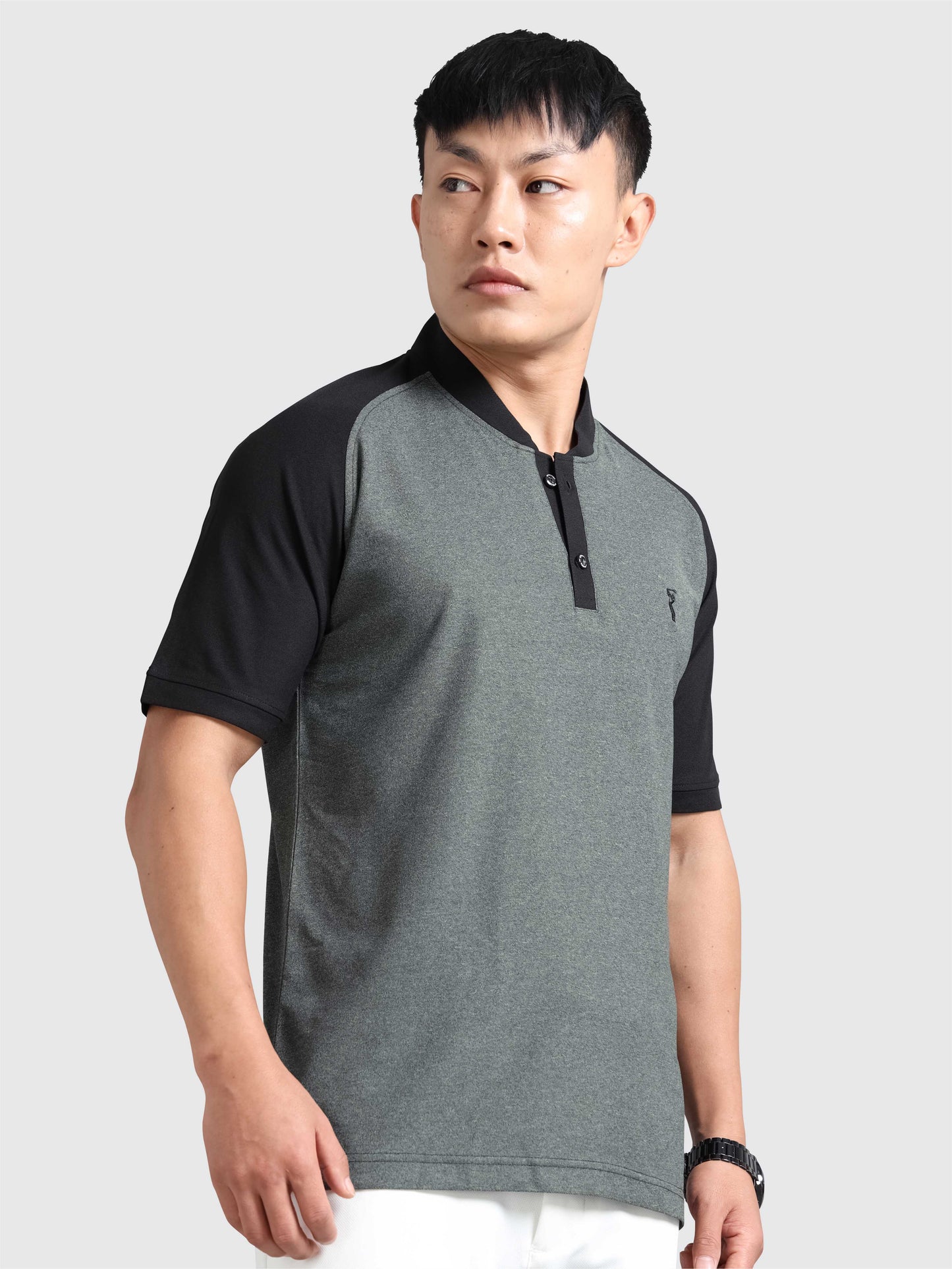Men’s Charcoal Grey Chinese Collar Polo T-shirt – Raglan Sleeves | Wrinkle-Free | Quick Dry |  Odour-Free | Stretchable | UV Protected