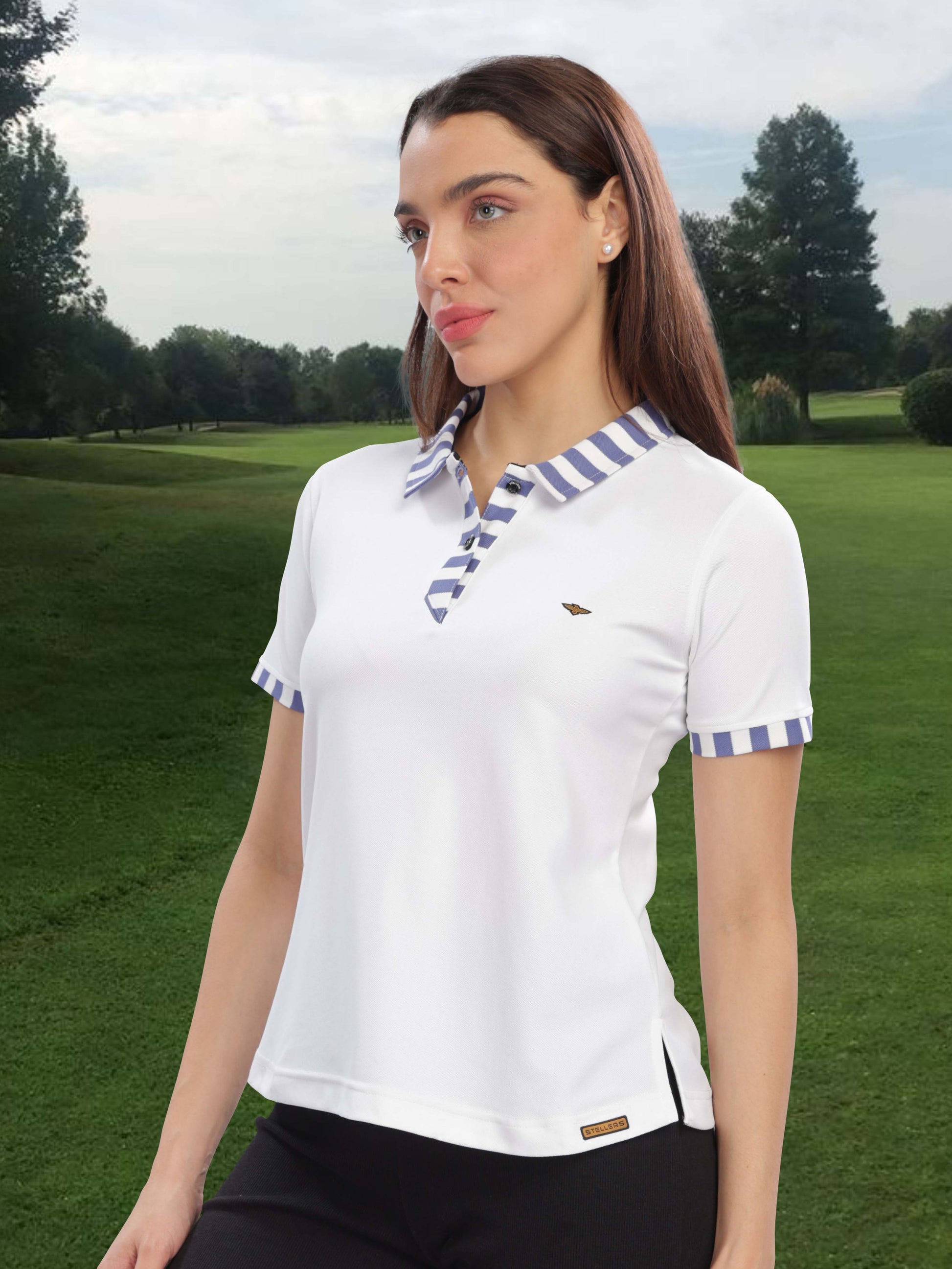 White Women's Jacquard Polo Collar T Shirt