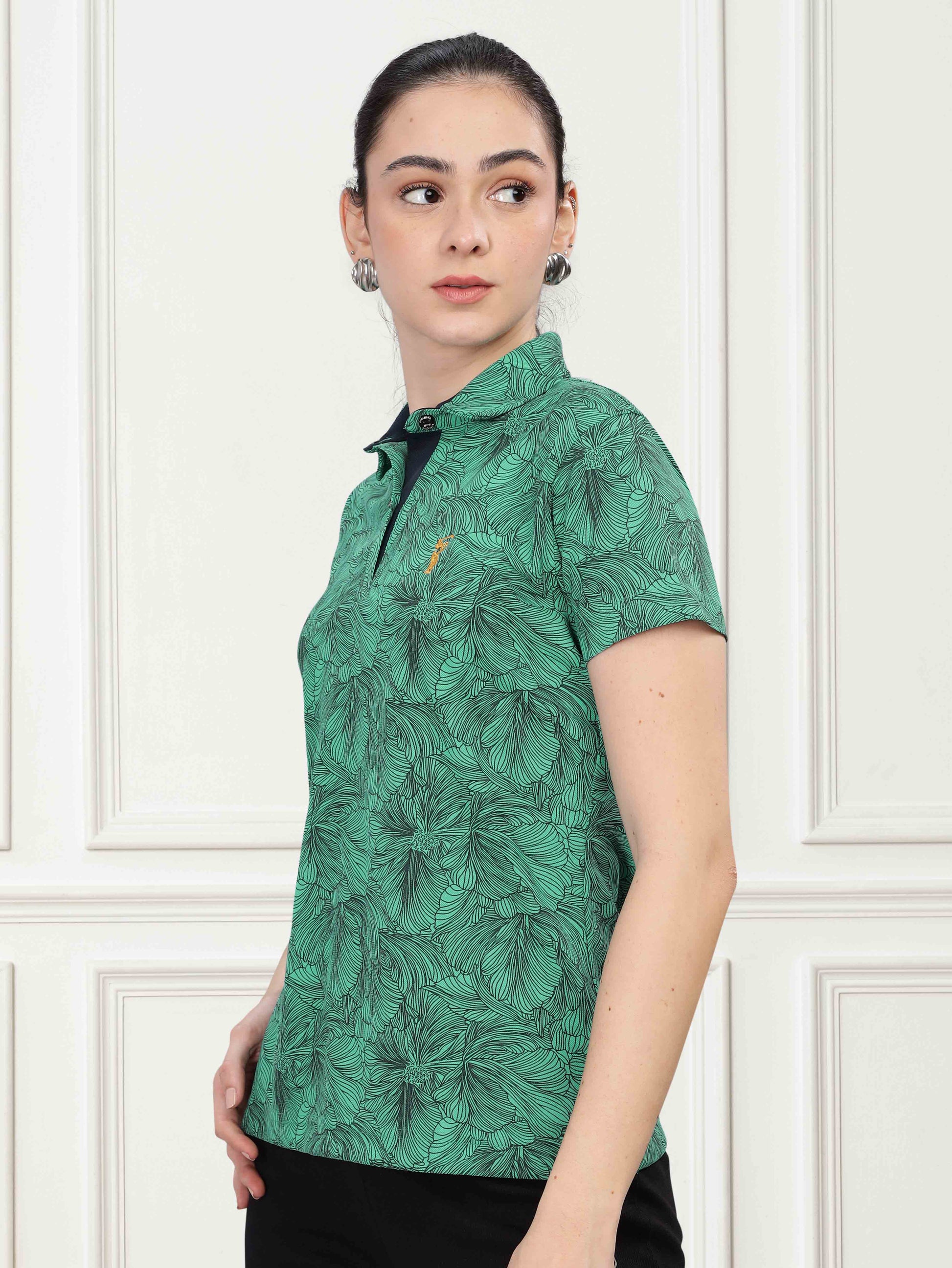 Green Women's Printed Polo T Shirt