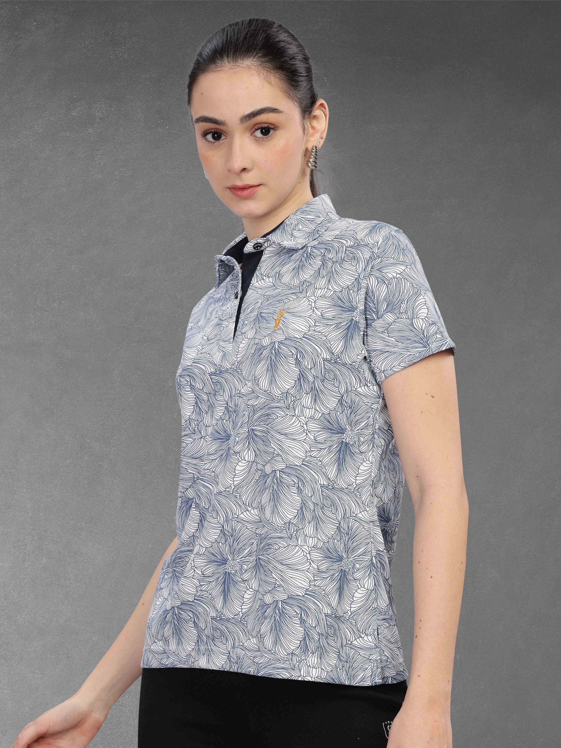 White Women's Printed Polo T Shirt