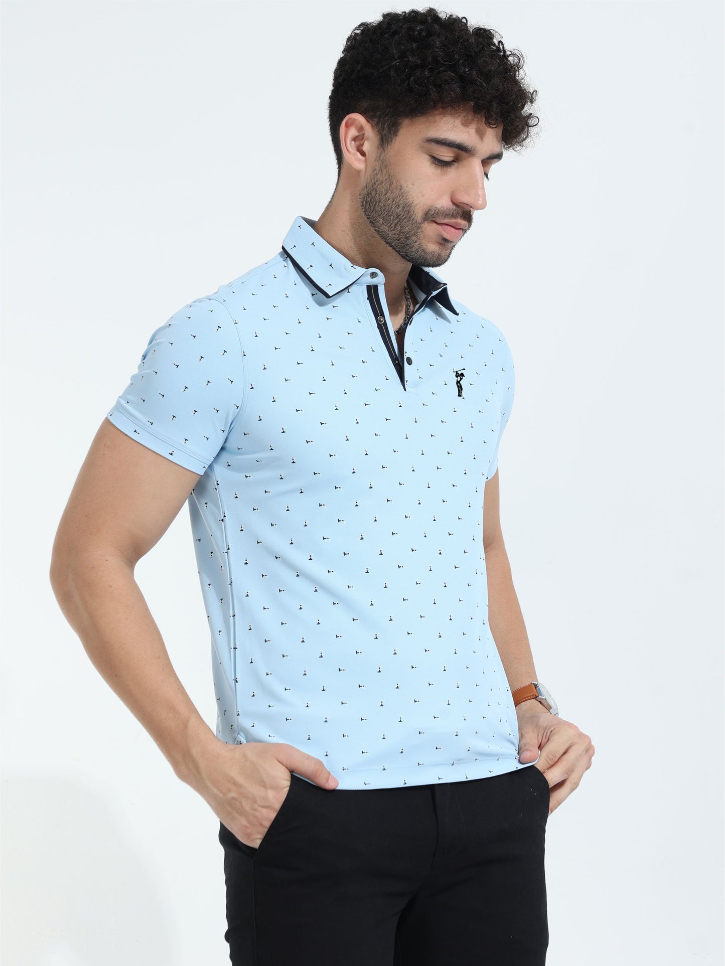 Ice Blue Men's Rolex Print Polo T-Shirts | Quick Dry | Stretchable | UV Protected | Wrinkle & Odour-Free