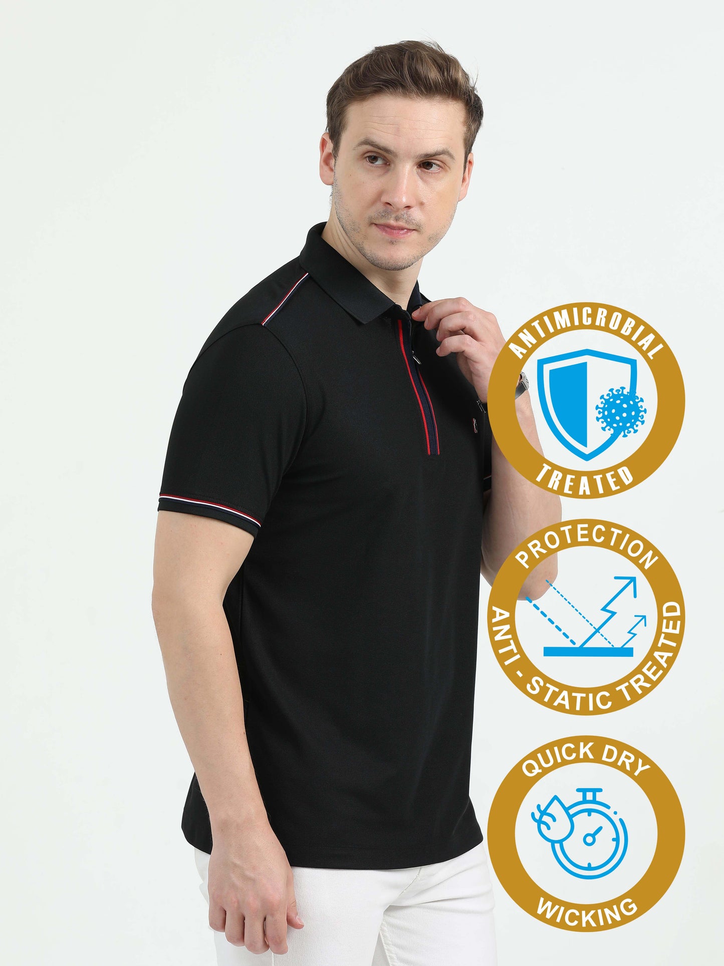 Black Men's Zipper Placket Polo T-Shirt | Quick Dry | Stretchable | UV Protected | Wrinkle & Odour-Free