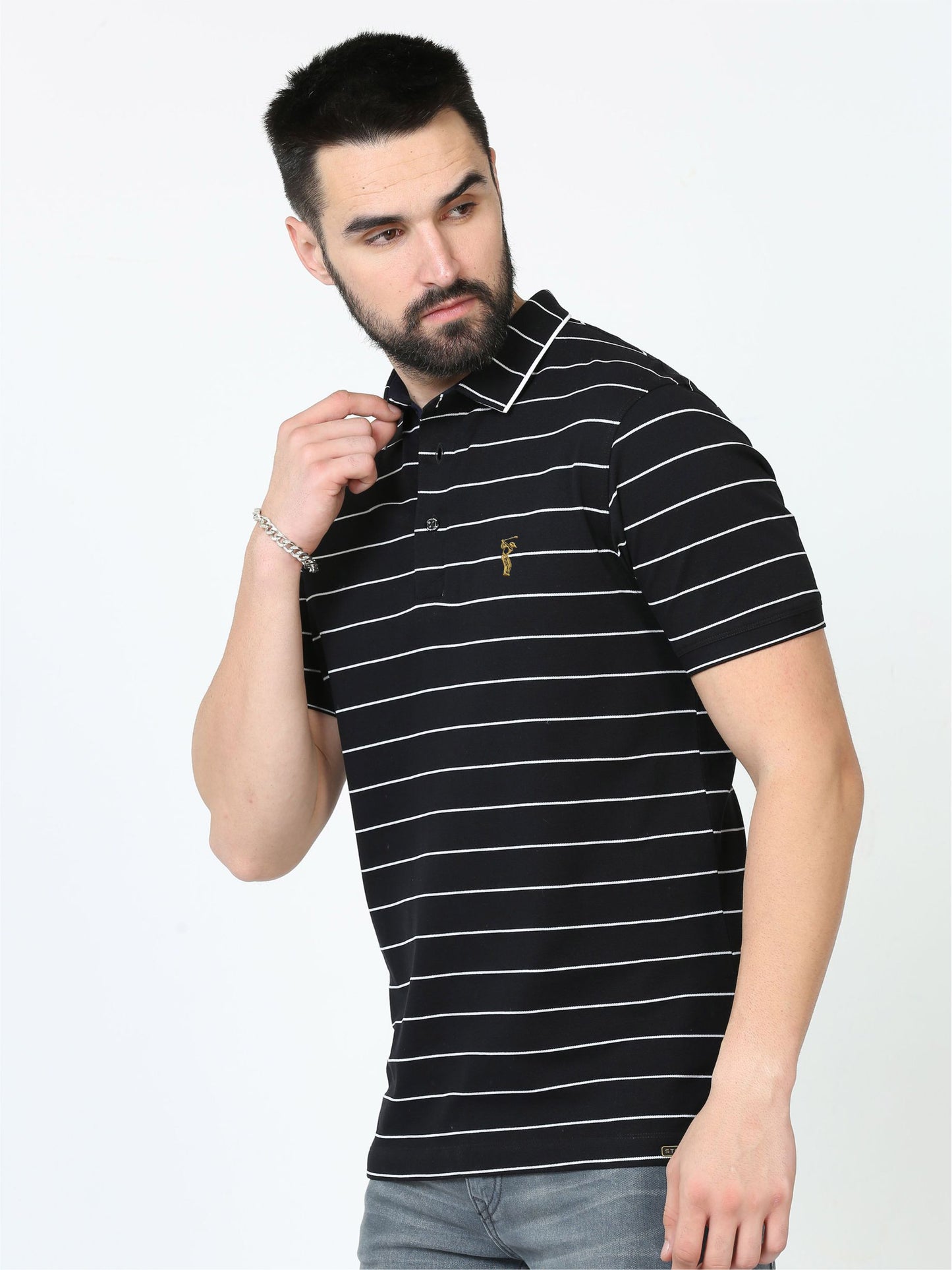 Black Striped Polo T Shirt for Men