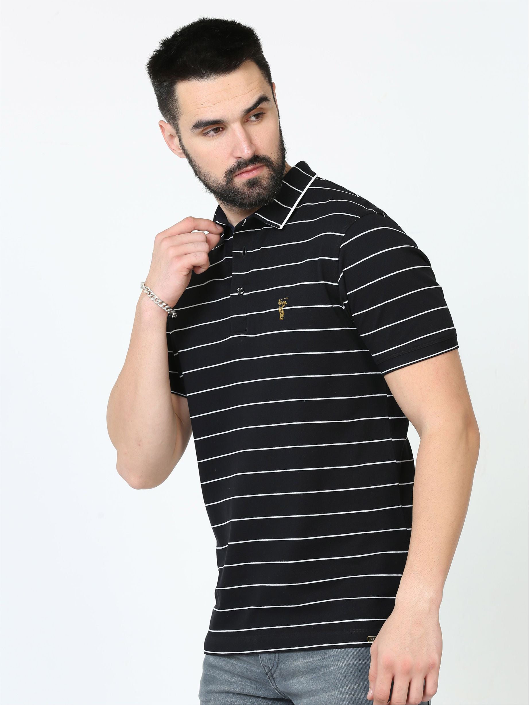 Black Striped Polo T Shirt for Men