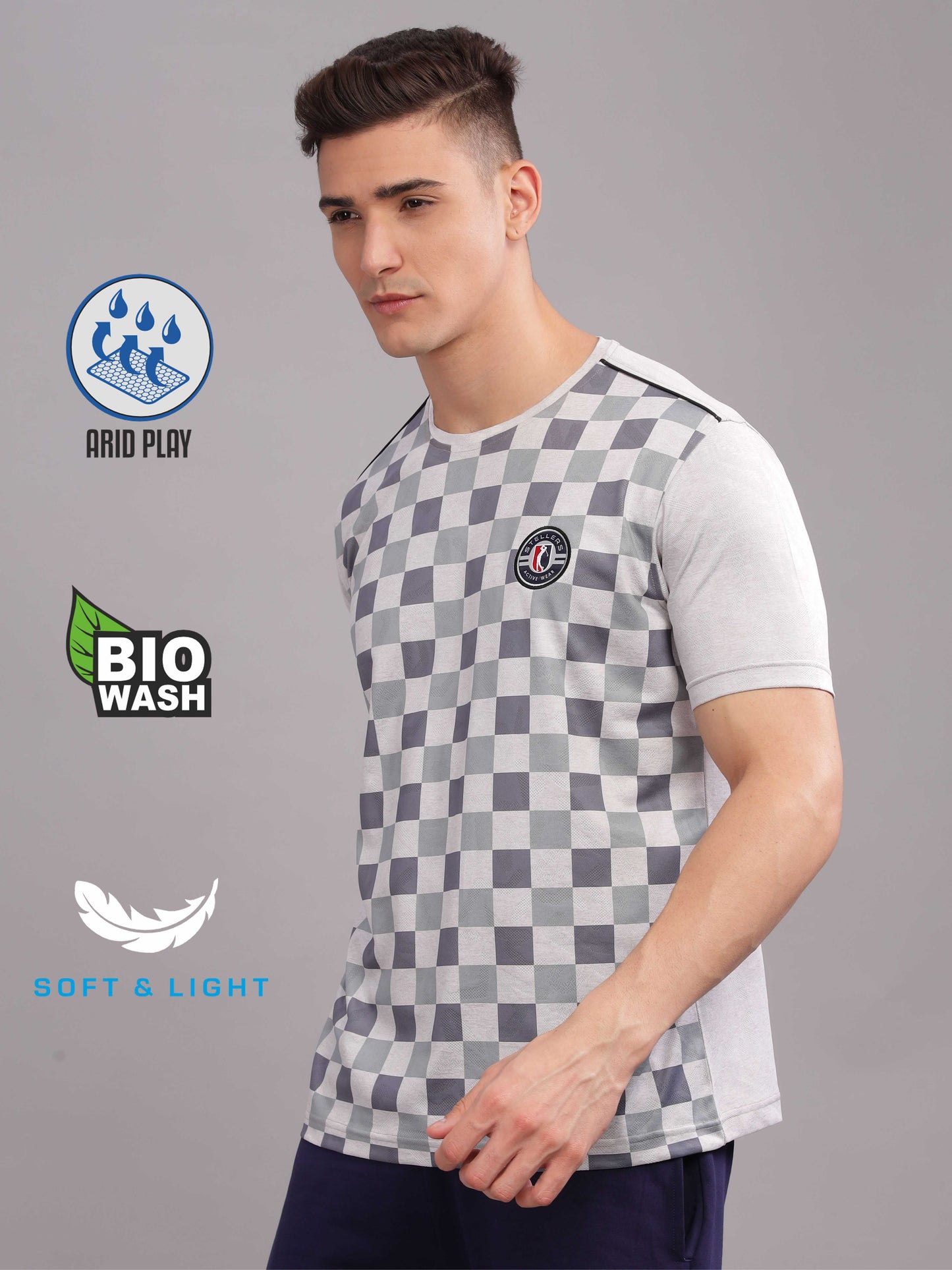 Grey Printed Active Round Neck T Shirts for Men Online