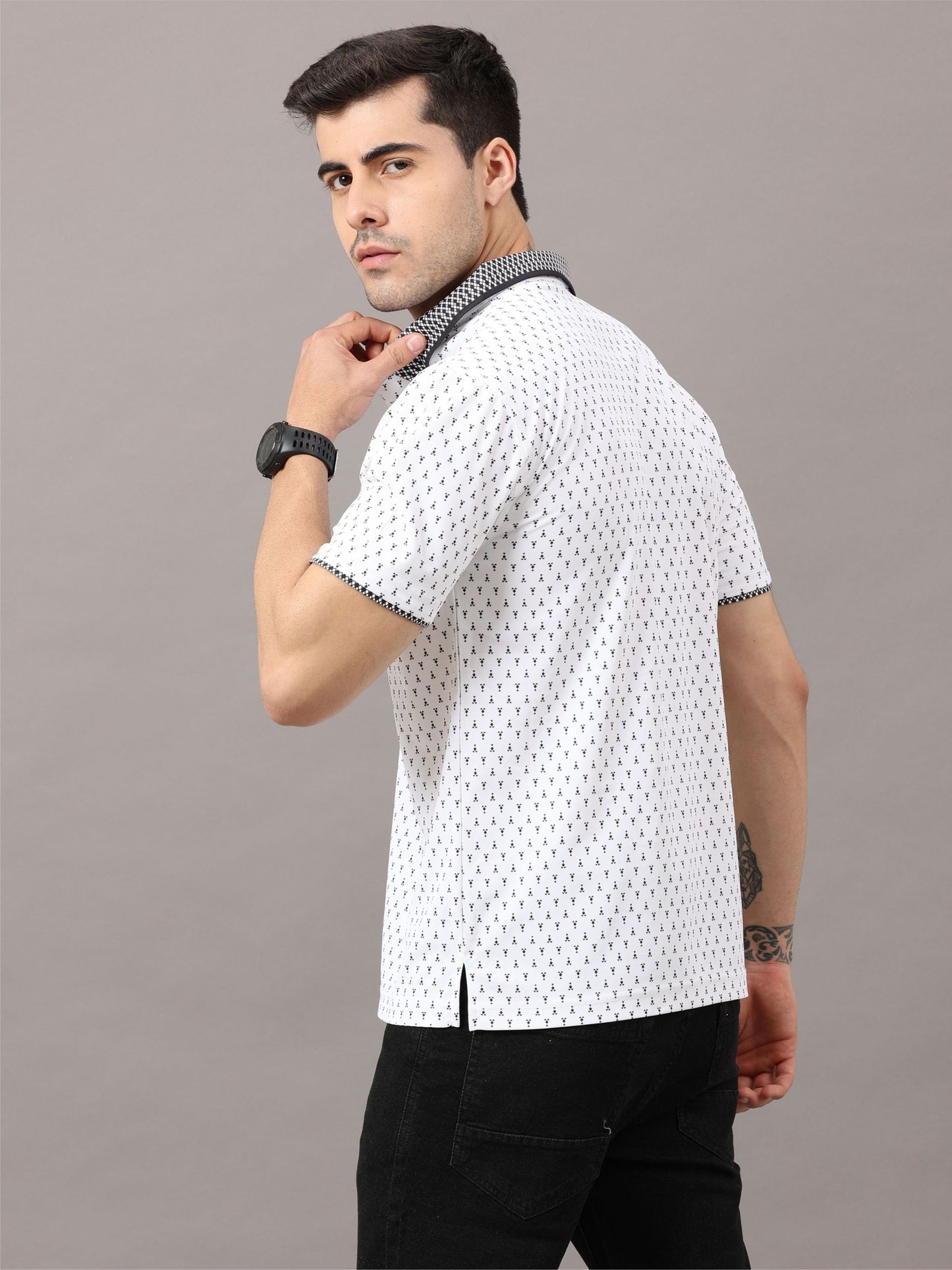 White Men's Ant Print Golf Polo T-Shirt | Quick Dry | Stretchable | UV Protected | Wrinkle & Odour-Free