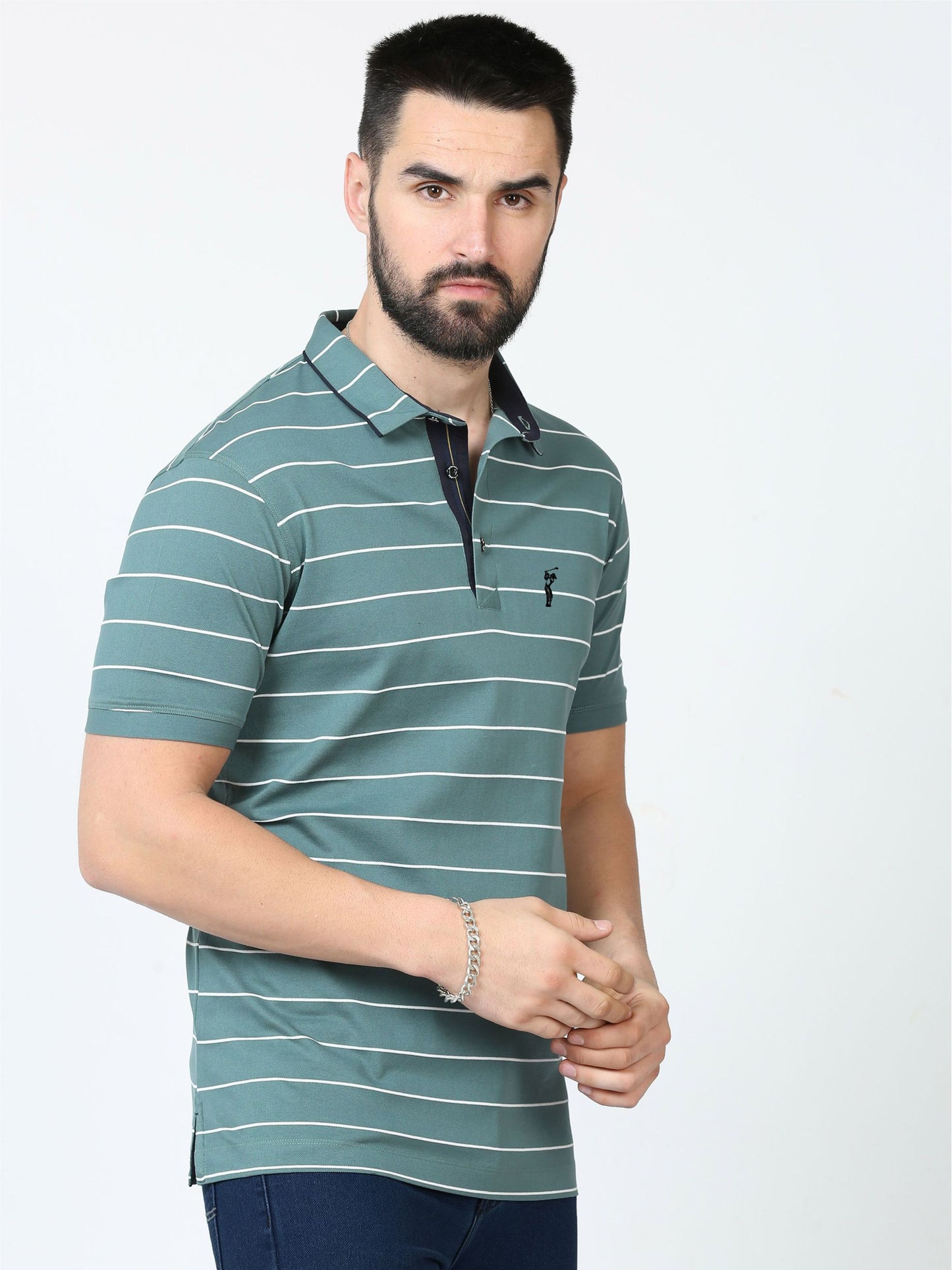 Teal Blue Striped Polo T Shirt for Men