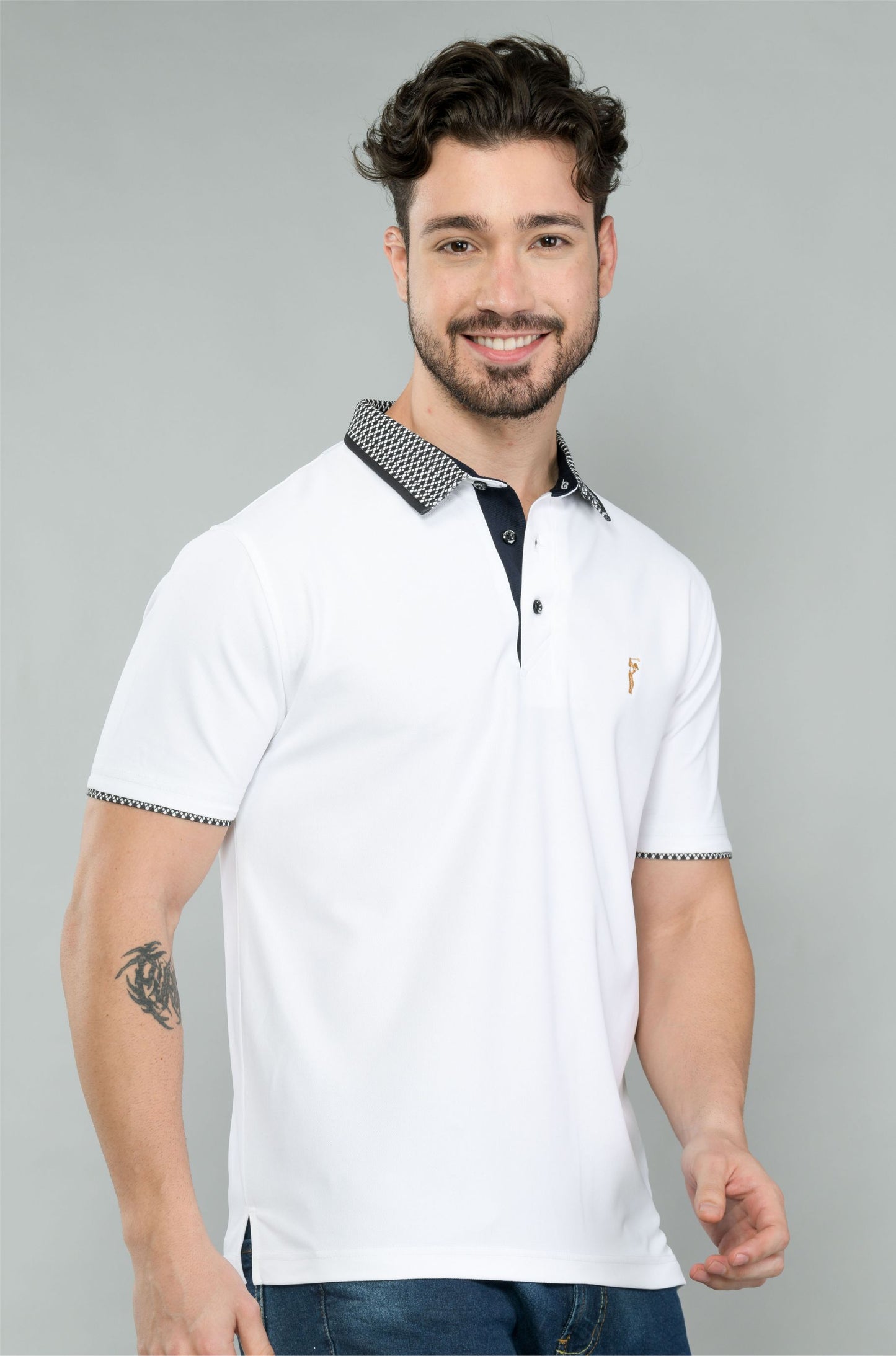 White Men's Jacquard Collar Polo T-Shirt | Quick Dry | Stretchable | UV Protected | Wrinkle & Odour-Free