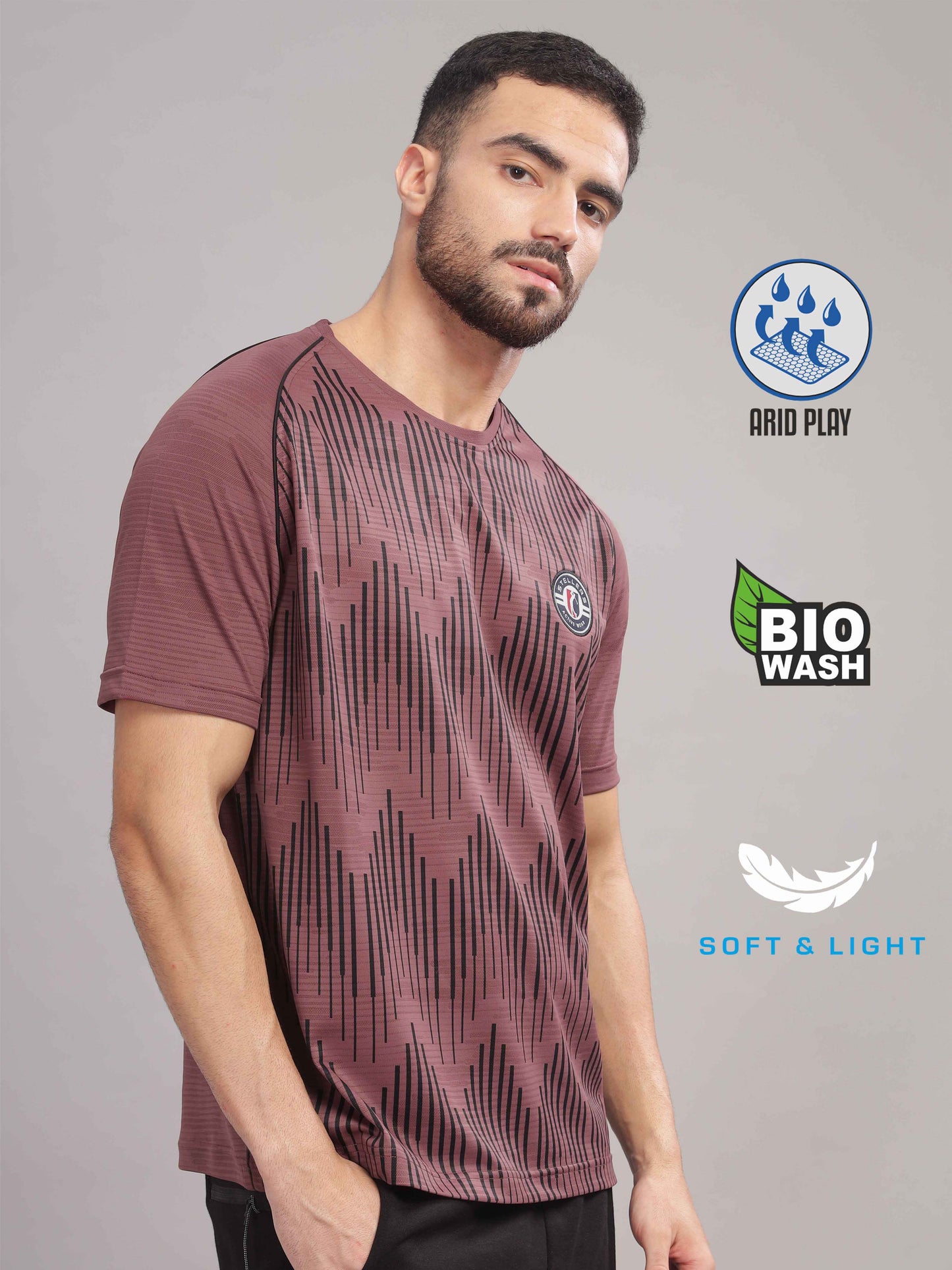 Mauve Mens Printed Round Neck Active Wear T-Shirt