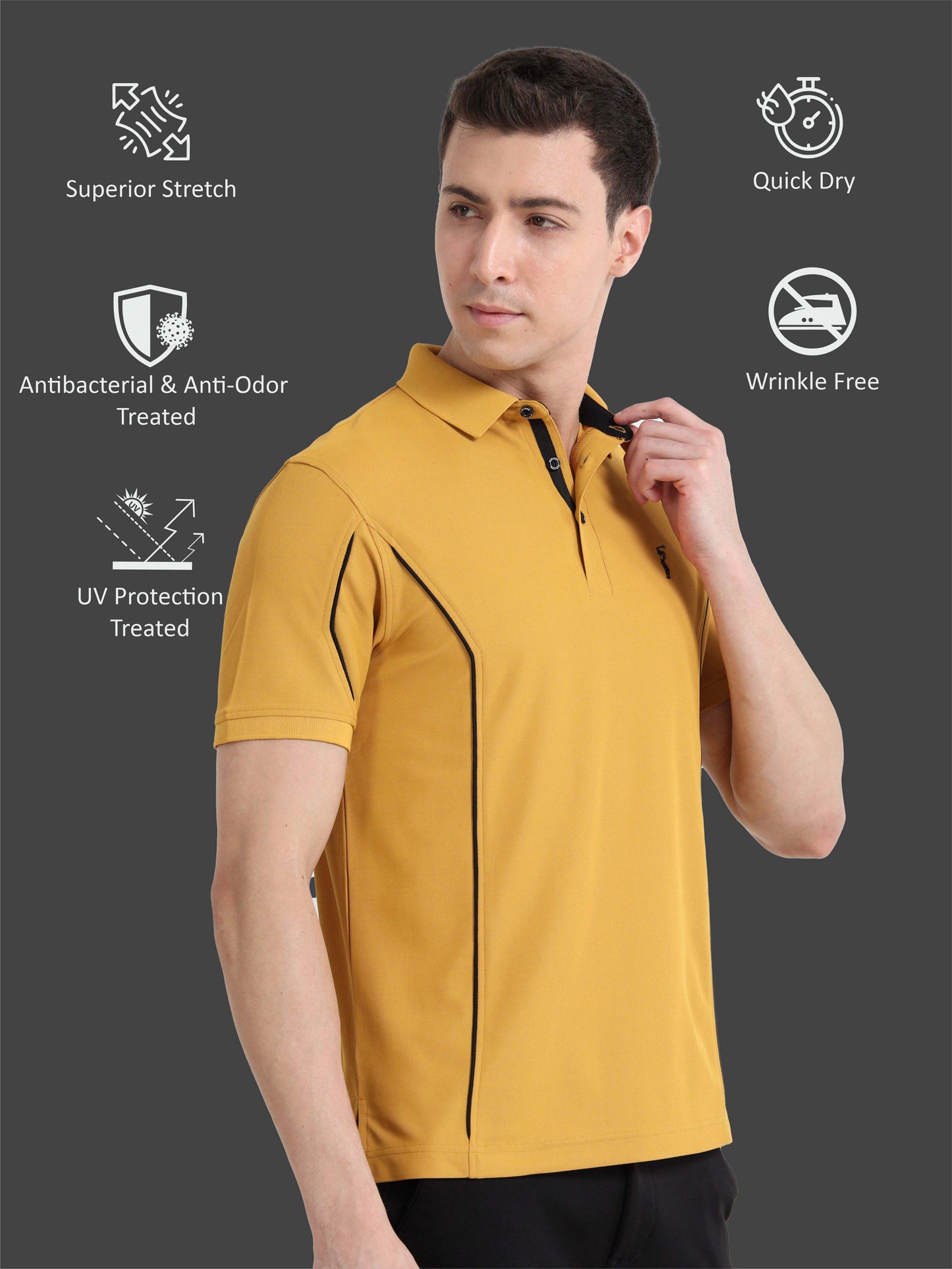 Mustard-Men's Piping Design Polo T-Shirt | Wrinkle-Free | Quick Dry | Stretchable |  Odour-Free | UV Protected