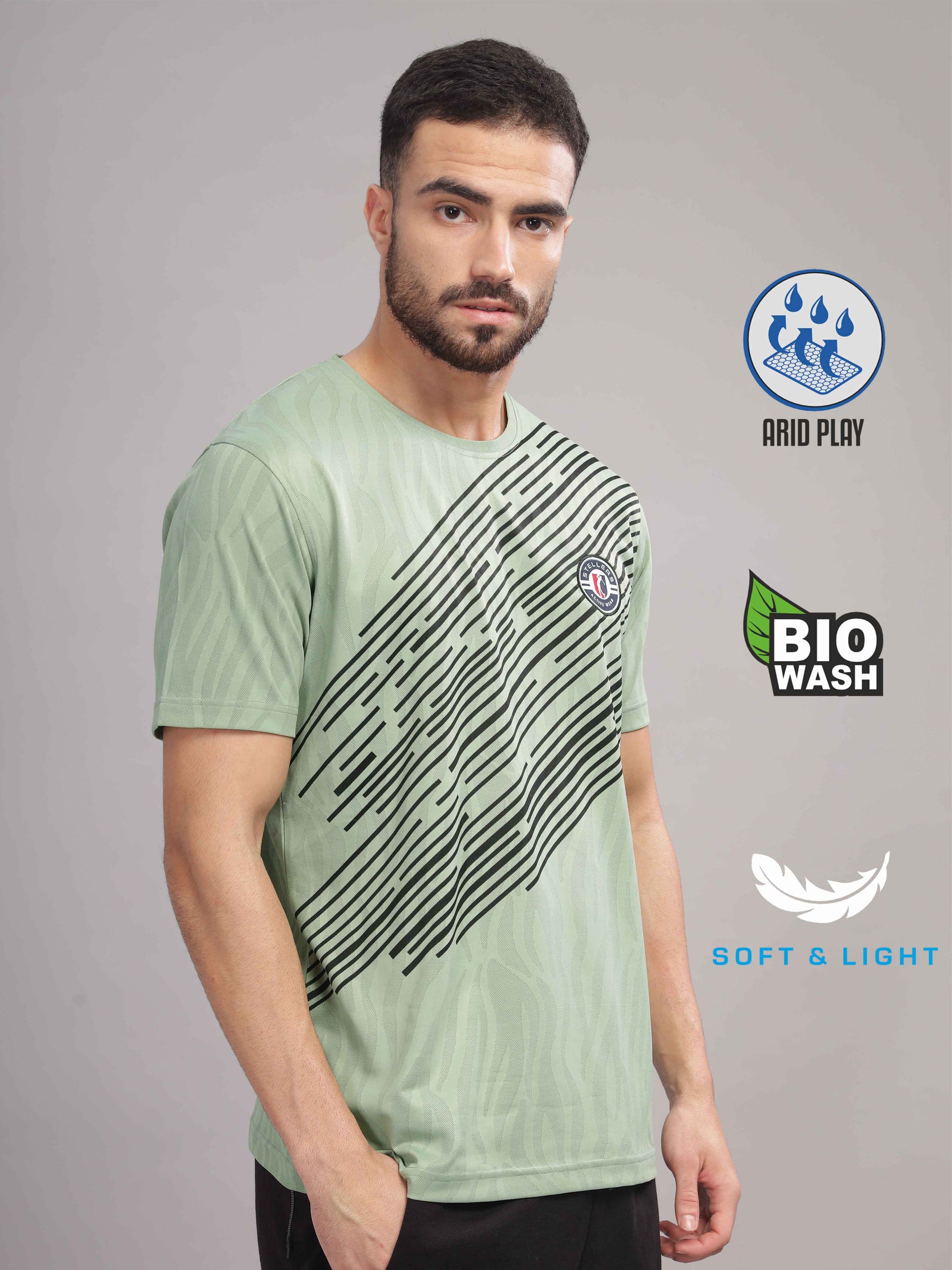 Green Printed Active Round Neck T Shirts for Men