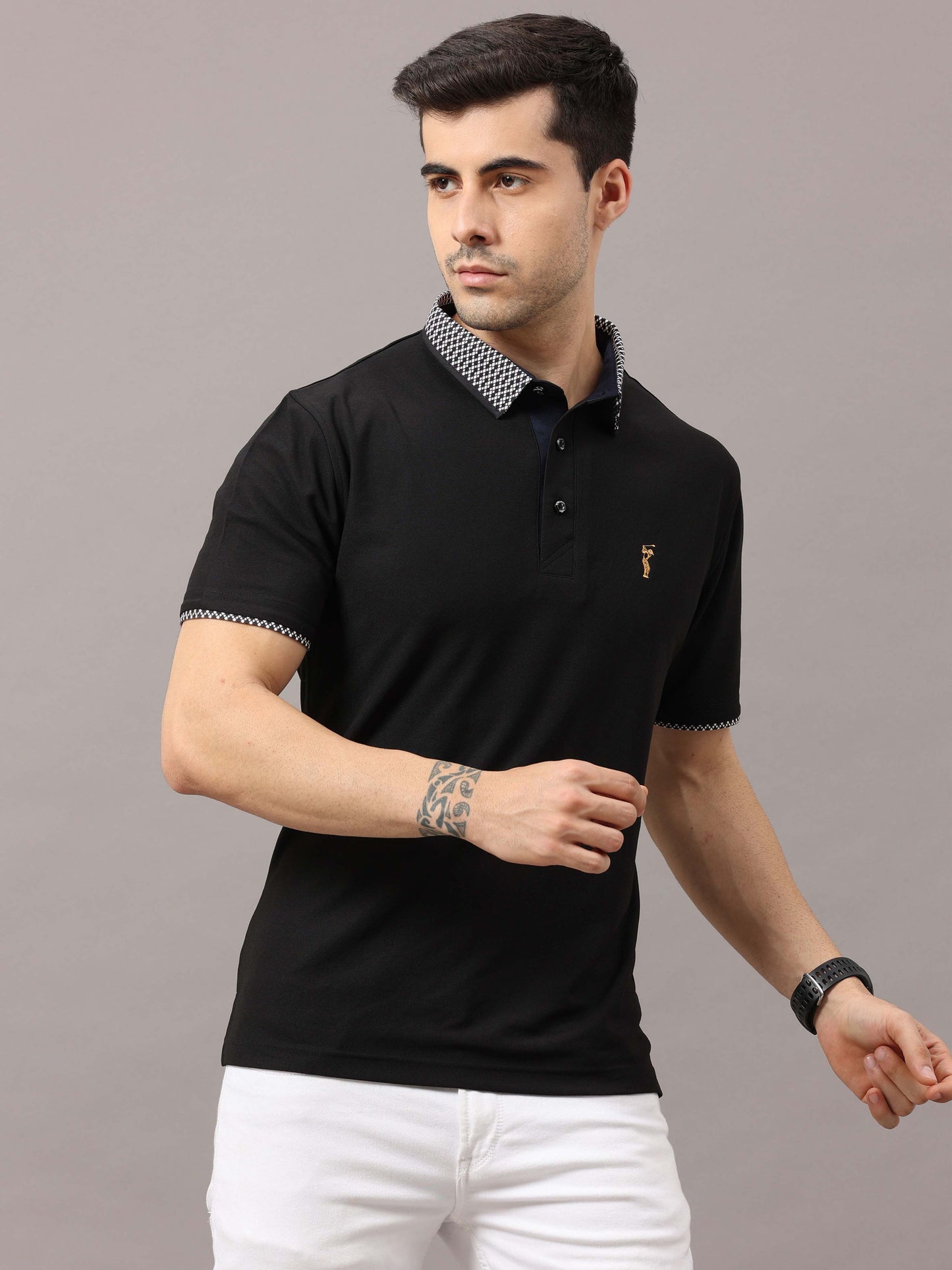 Black Men's Jacquard Collar Polo T-Shirt | Quick Dry | Stretchable | UV Protected | Wrinkle & Odour-Free