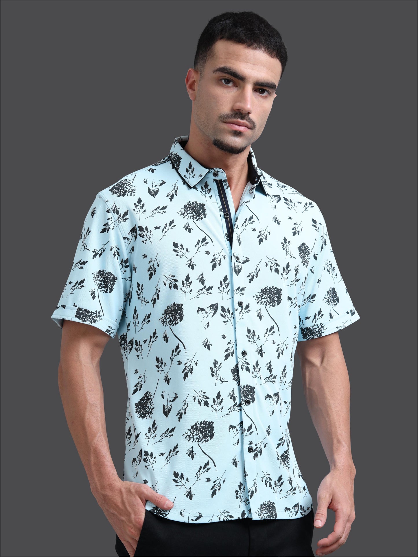 Ice Blue Men's Leaf Printed Half Sleeve Shirts