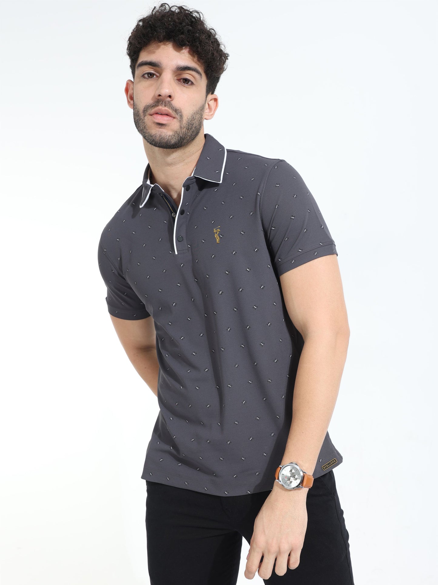 Dark Grey Men's Rolex Print Polo T-Shirts | Quick Dry | Stretchable | UV Protected | Wrinkle & Odour-Free