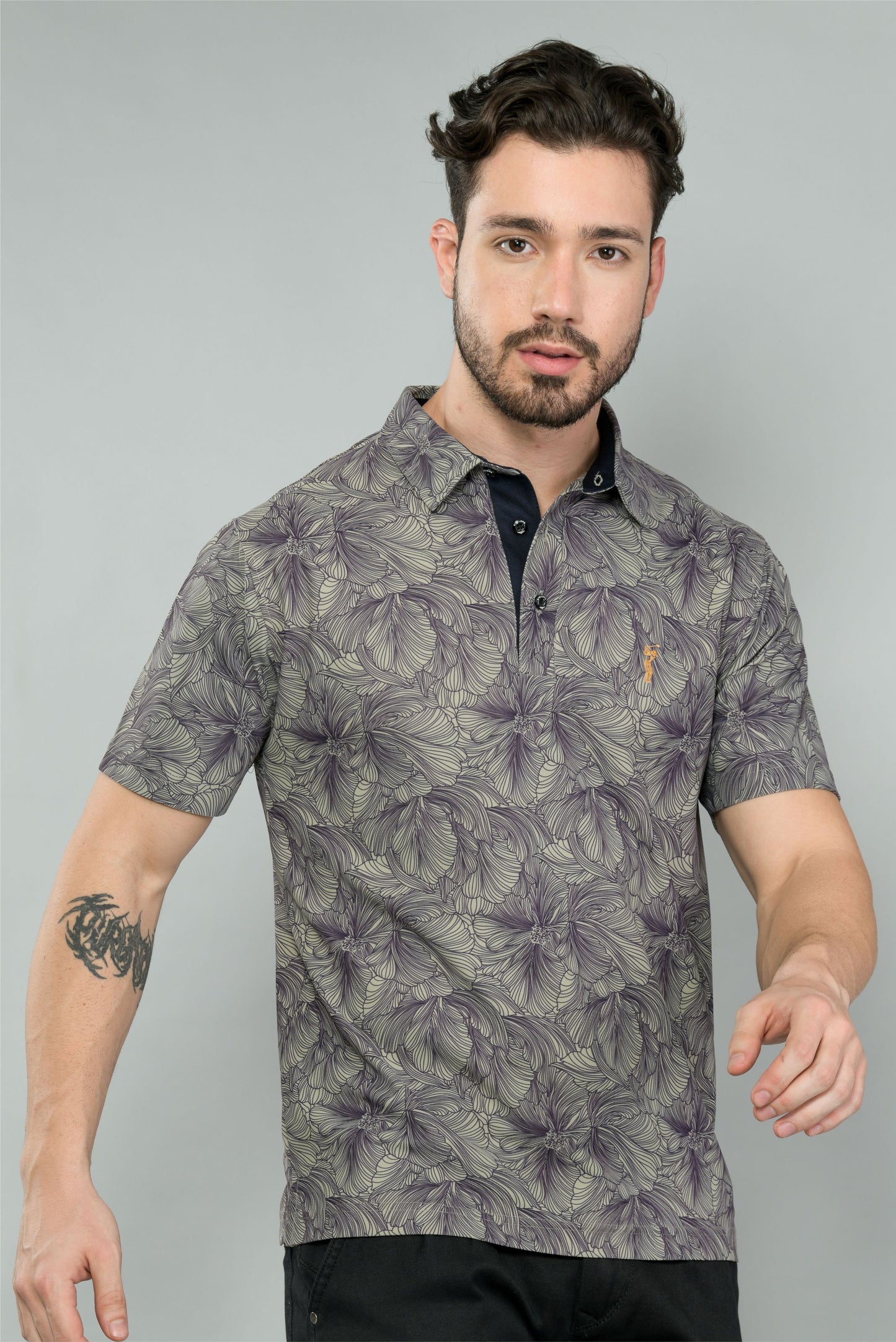 Moose Grey Men's Floral Print Golf Polo T-Shirts | Quick Dry | Stretchable | UV Protected | Wrinkle & Odour-Free