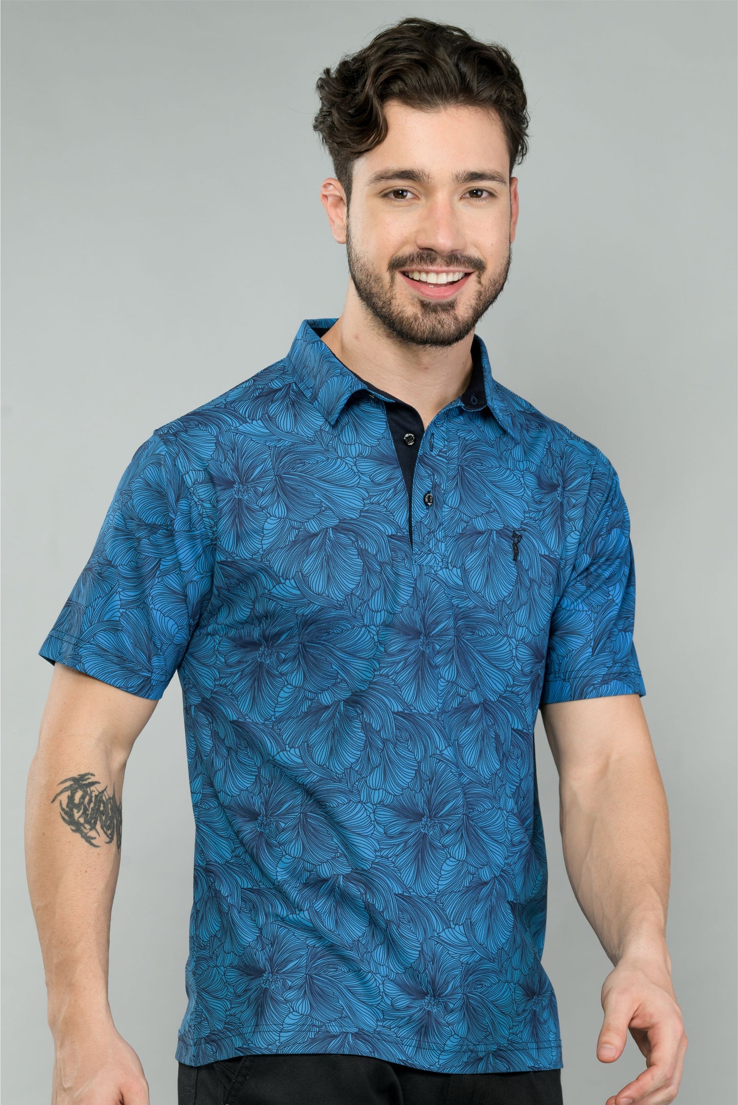 Blue Men's Floral Print Golf Polo T-Shirts | Quick Dry | Stretchable | UV Protected | Wrinkle & Odour-Free