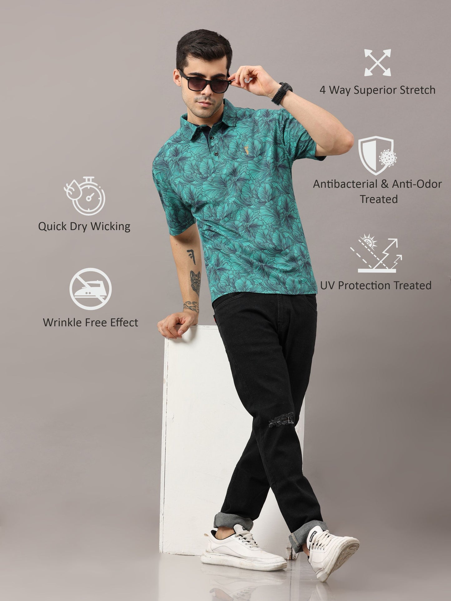 Siemens Green Men's Floral Print Golf Polo T-Shirts | Quick Dry | Stretchable | UV Protected | Wrinkle & Odour-Free