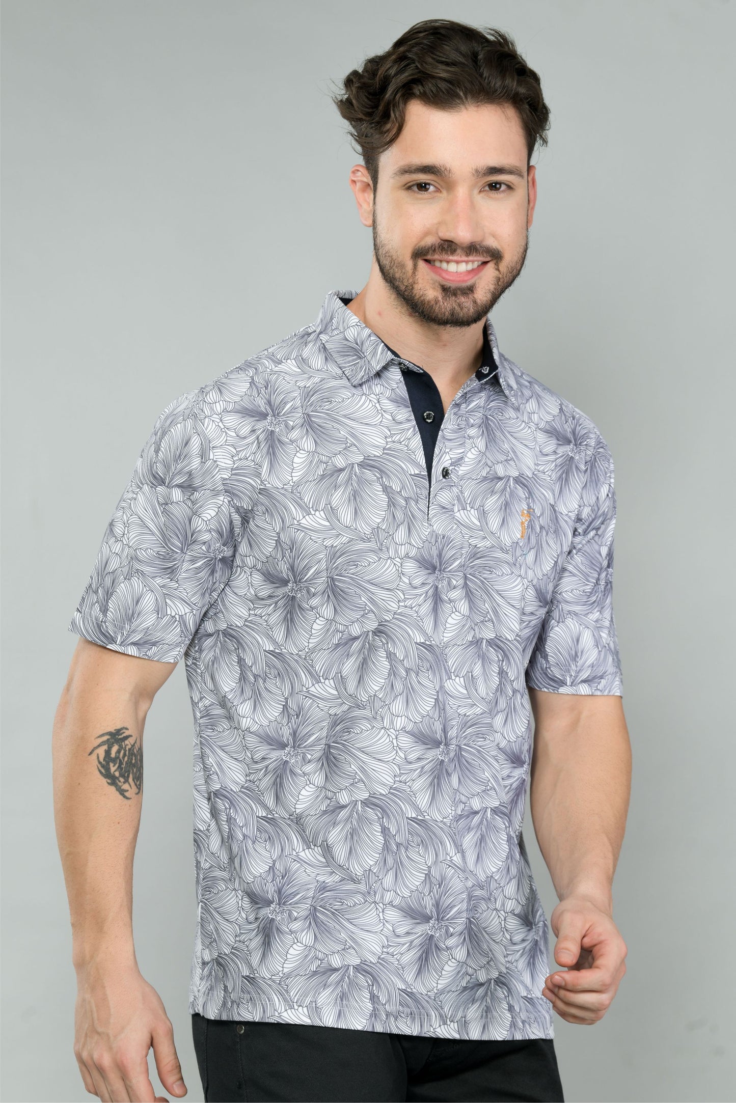 White Men's Floral Print Golf Polo T-Shirts | Quick Dry | Stretchable | UV Protected | Wrinkle & Odour-Free