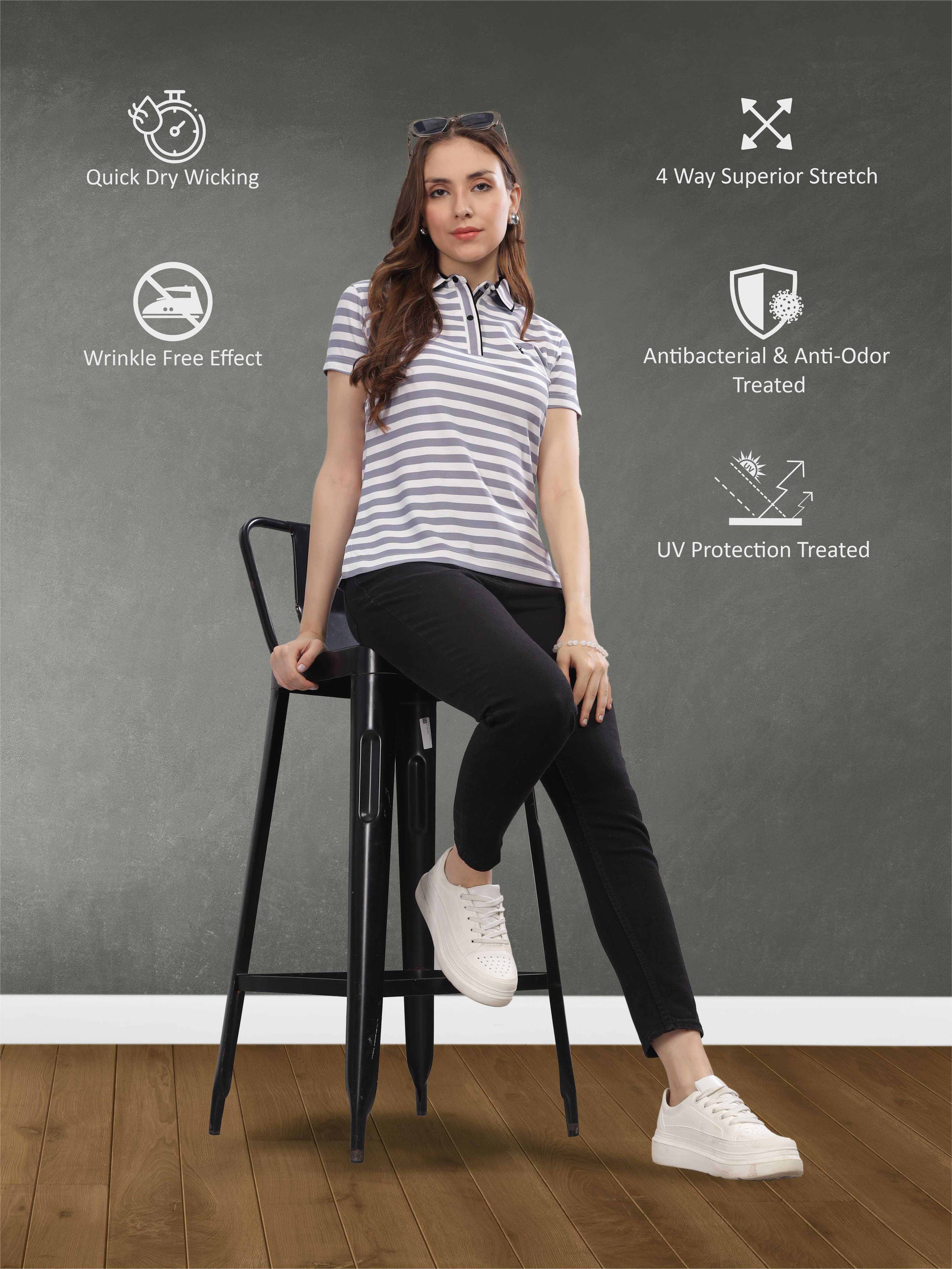 Light Purple Women's Stripes Polo T Shirt