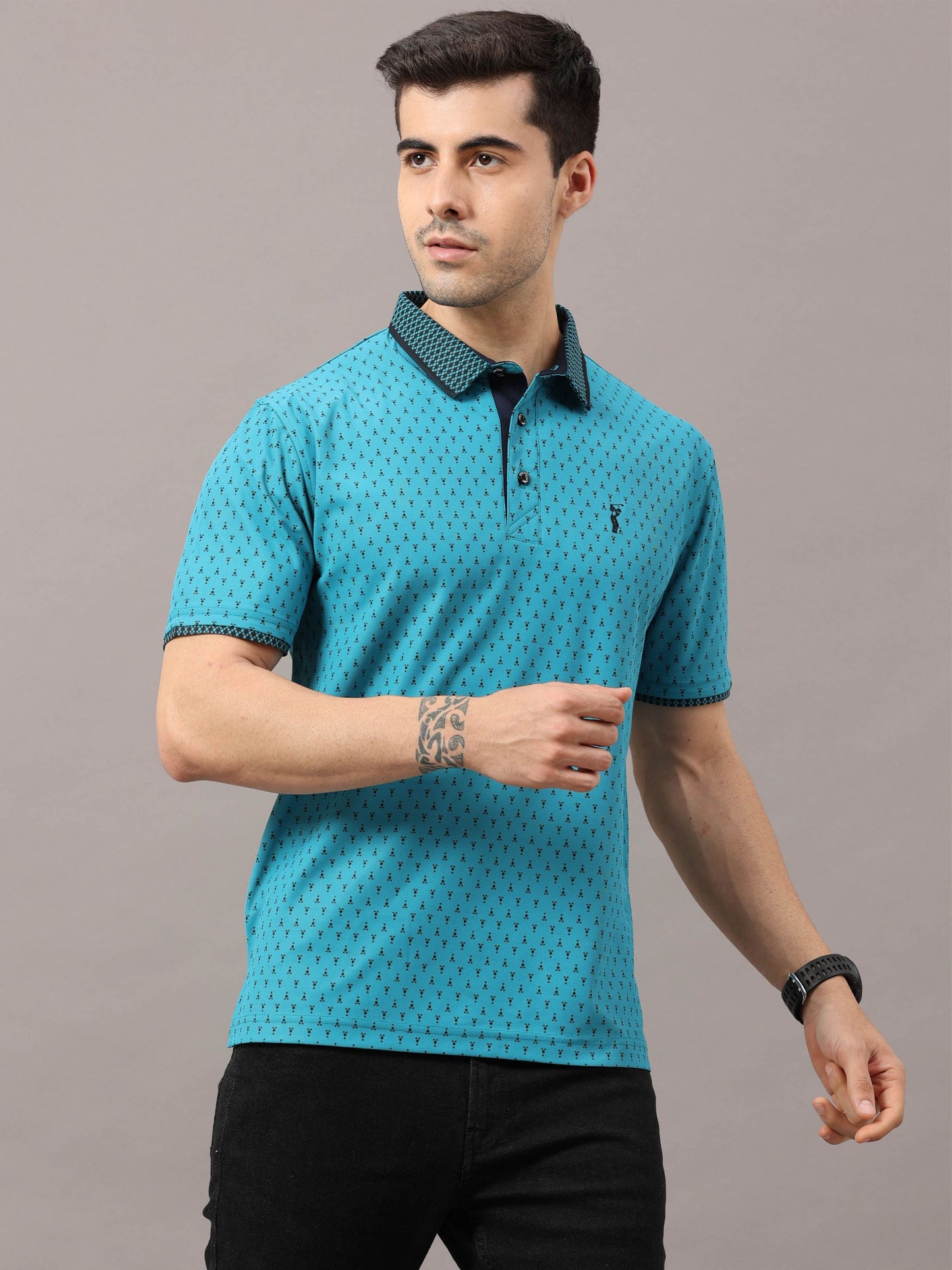 Jade Green Men's Ant Print Golf Polo T-Shirts | Quick Dry | Stretchable | UV Protected | Wrinkle & Odour-Free