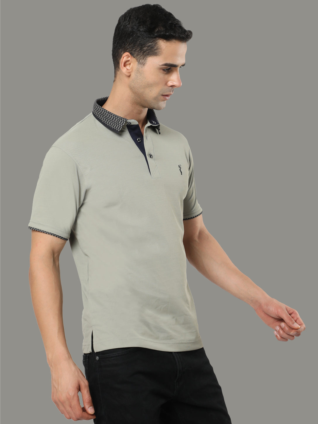 Moose Grey Men's Jacquard Collar Polo T-Shirt | Quick Dry | Stretchable | UV Protected | Wrinkle & Odour-Free