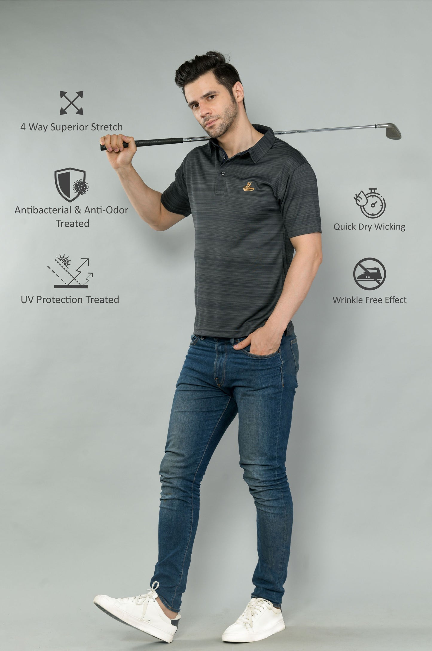 Black Men's Barcode Weave Golf Polo T-Shirt | Quick Dry | Stretchable | UV Protected | Wrinkle & Odour-Free