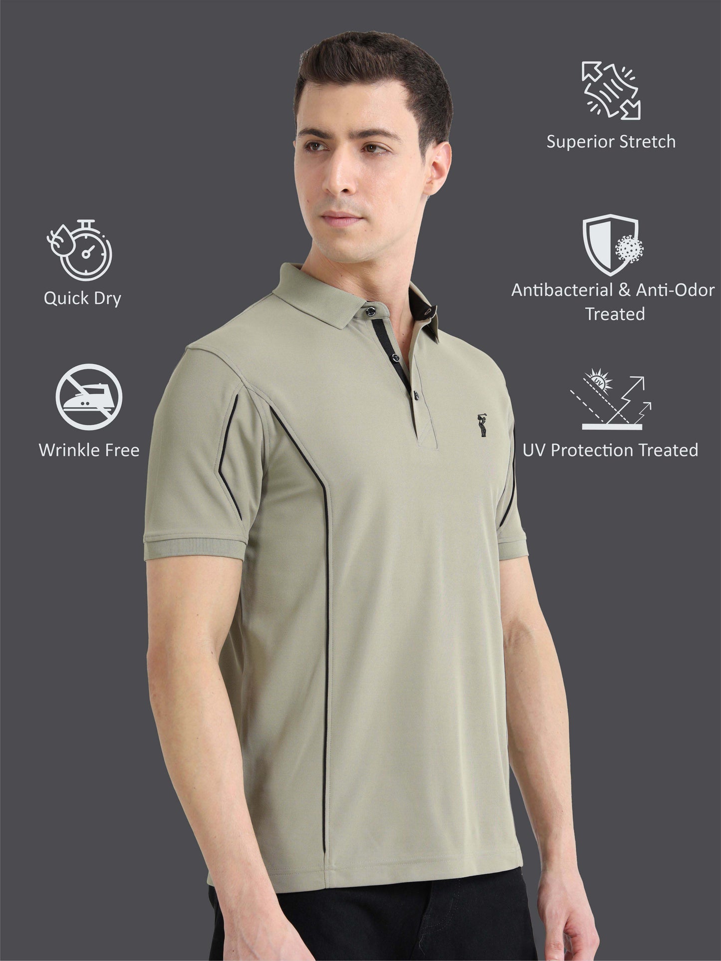Moose Grey-Men's Piping Design Polo T-Shirt | Wrinkle-Free | Quick Dry | Stretchable |  Odour-Free | UV Protected