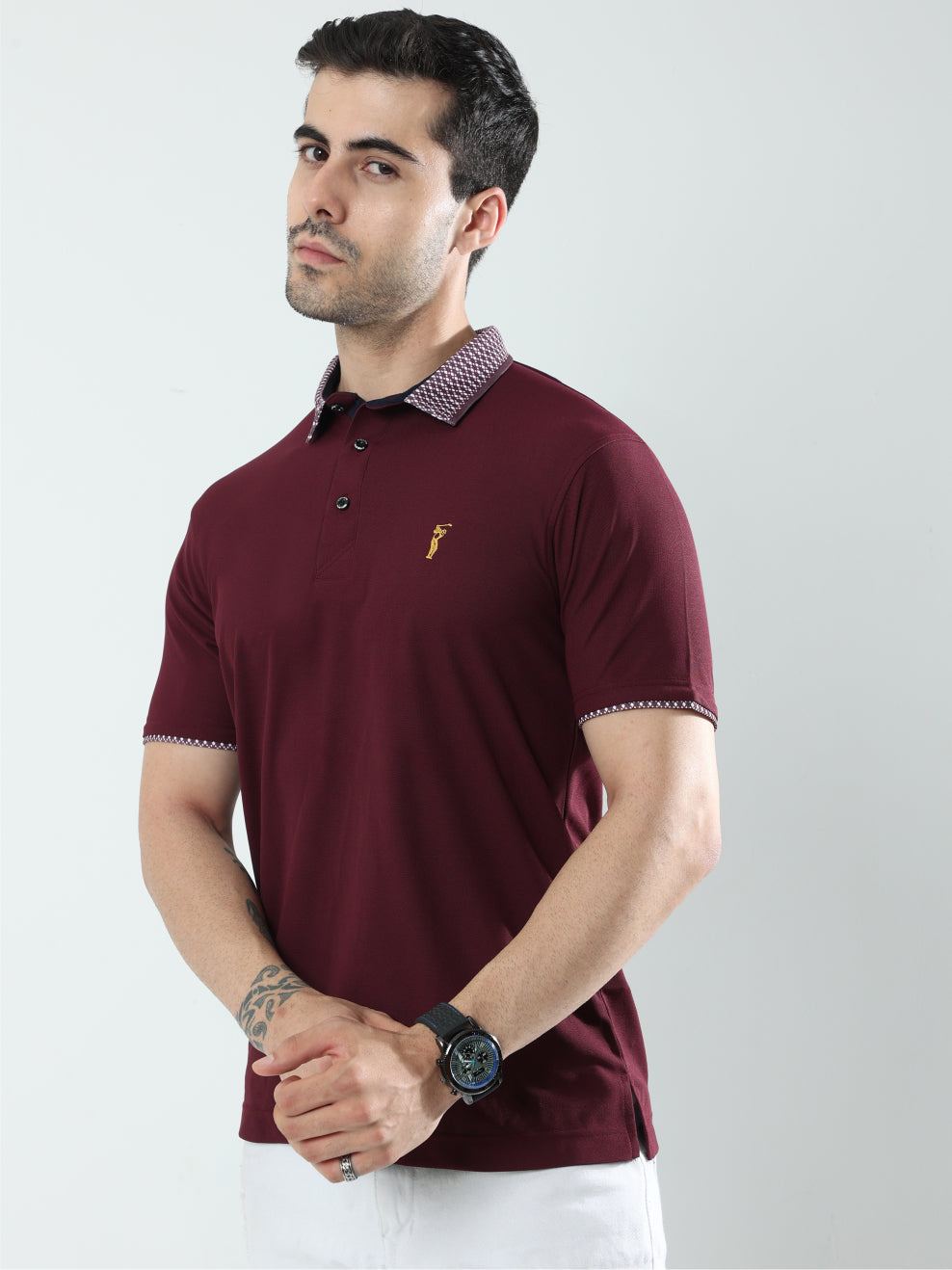 Wine Men's Jacquard Collar Polo T-Shirt | Quick Dry | Stretchable | UV Protected | Wrinkle & Odour-Free