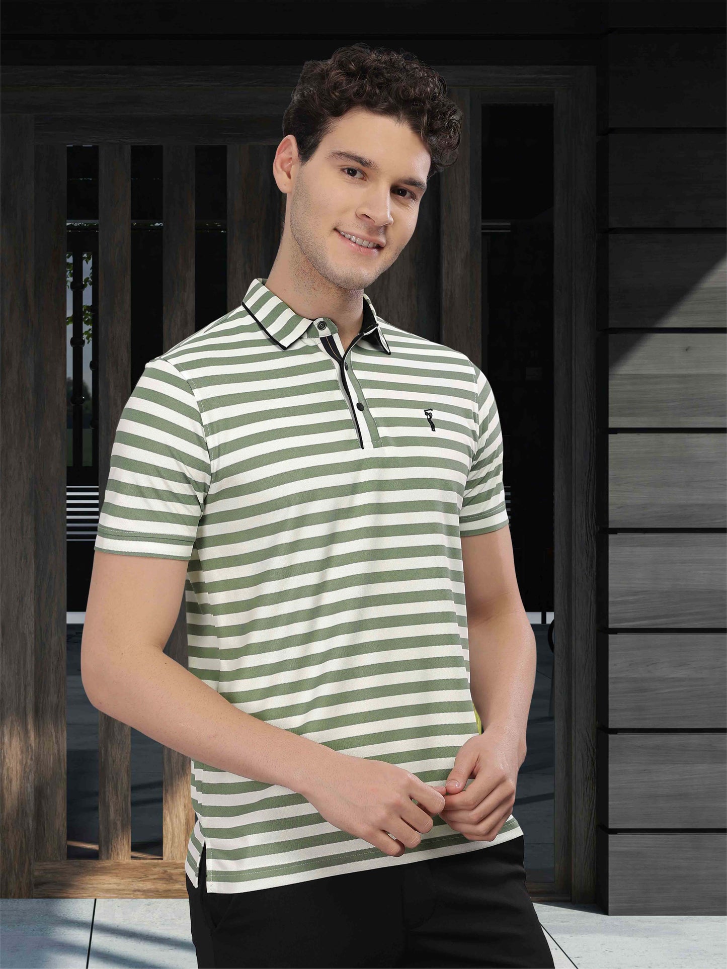 Green Men's Stripes Polo T-Shirt | Quick Dry | Stretchable | UV Protected | Wrinkle & Odour-Free