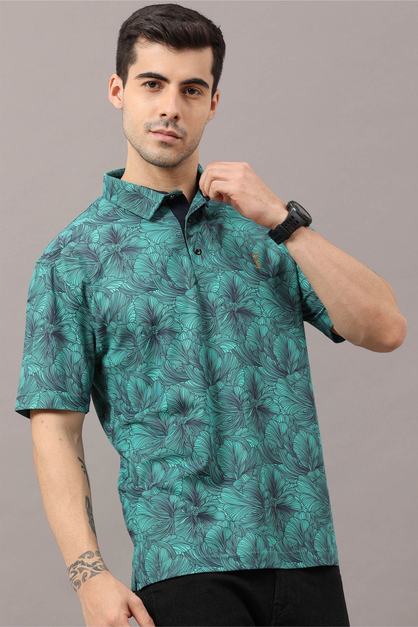 Siemens Green Men's Floral Print Golf Polo T-Shirts | Quick Dry | Stretchable | UV Protected | Wrinkle & Odour-Free