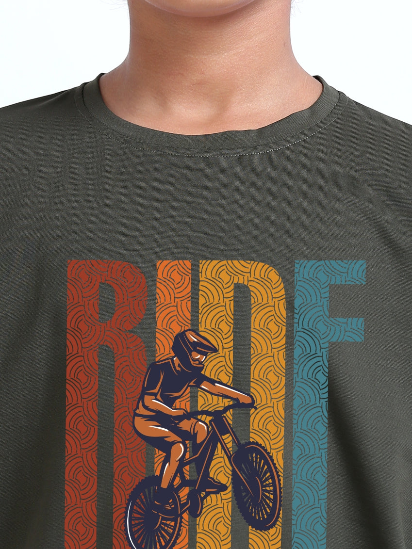 Olive Green Ride Printed Crew Neck T-Shirt