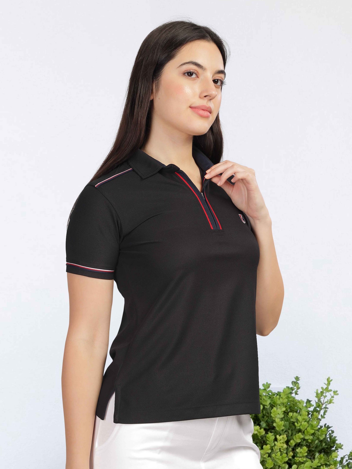 Black Women's Zipper Polo T Shirts