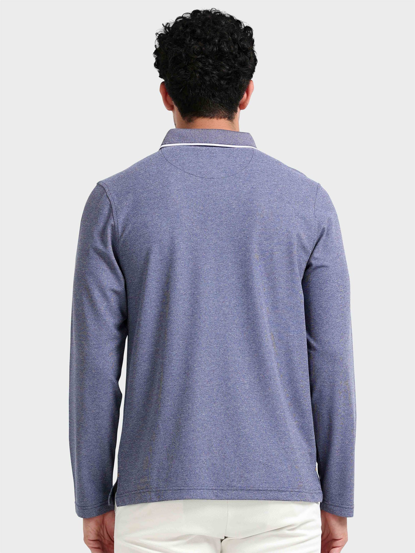 Navy Blue Melange Zipper Full Sleeve Polo Tshirt For Men