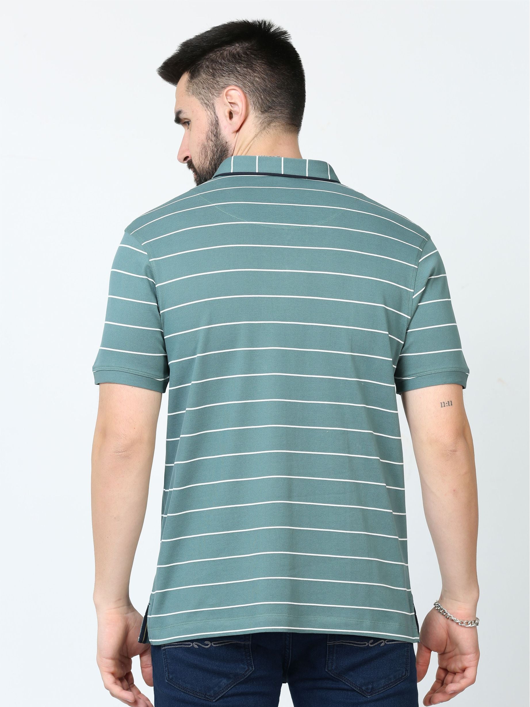 Teal Blue Striped Polo T Shirt for Men