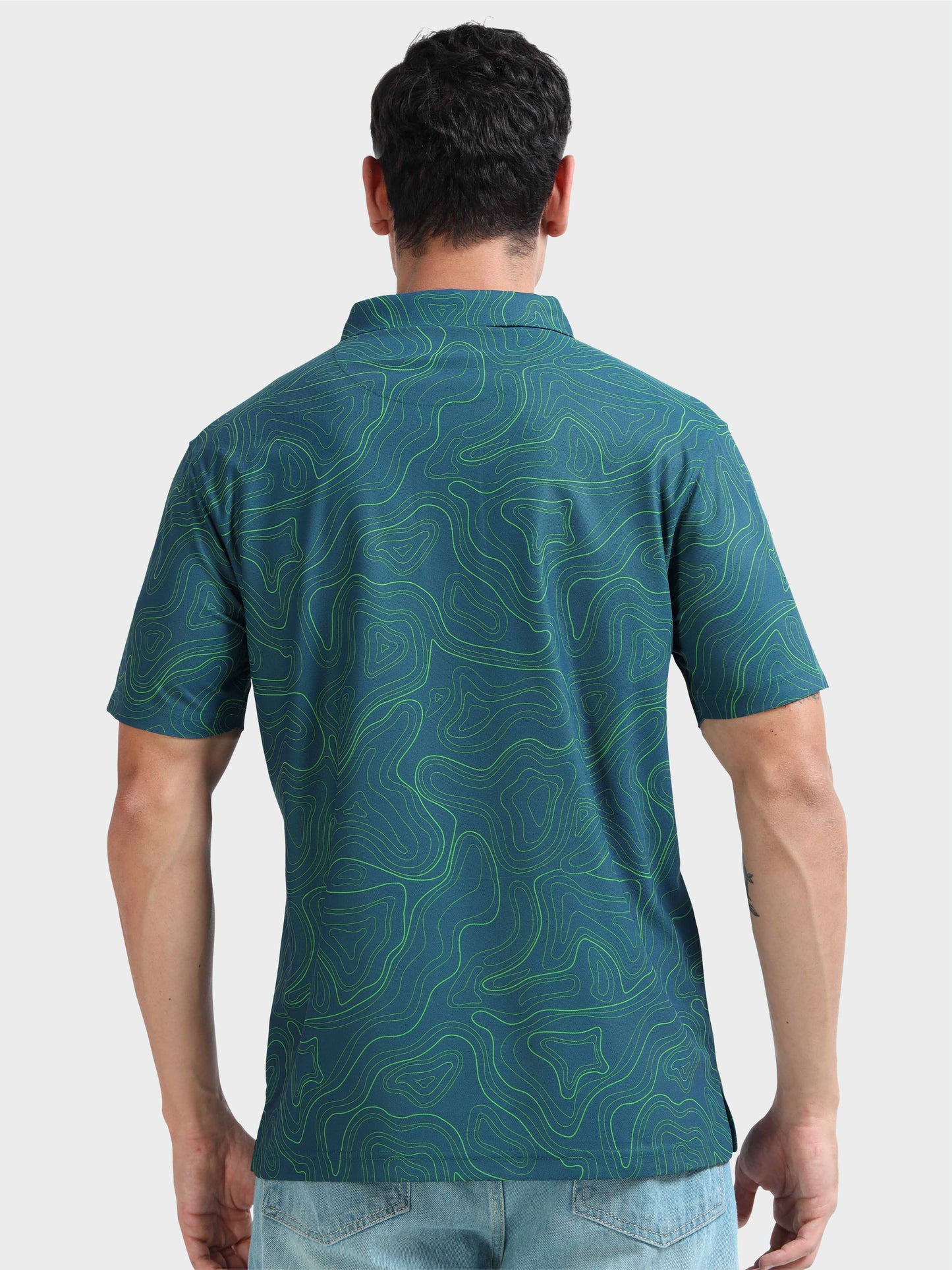 Abstract Teal Blue Printed Polo T Shirt for Men 