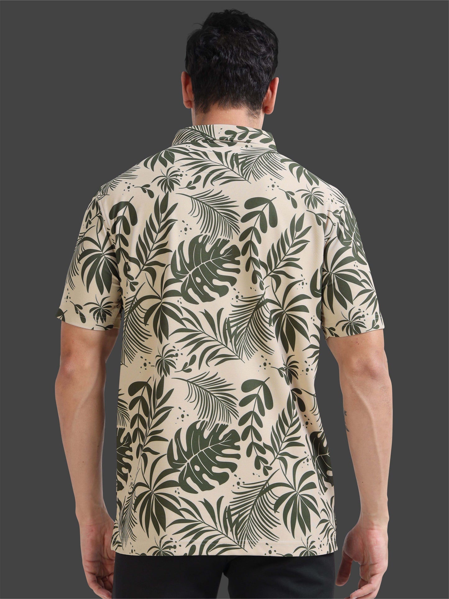 Beige Leaf Printed Polo T Shirt for Men