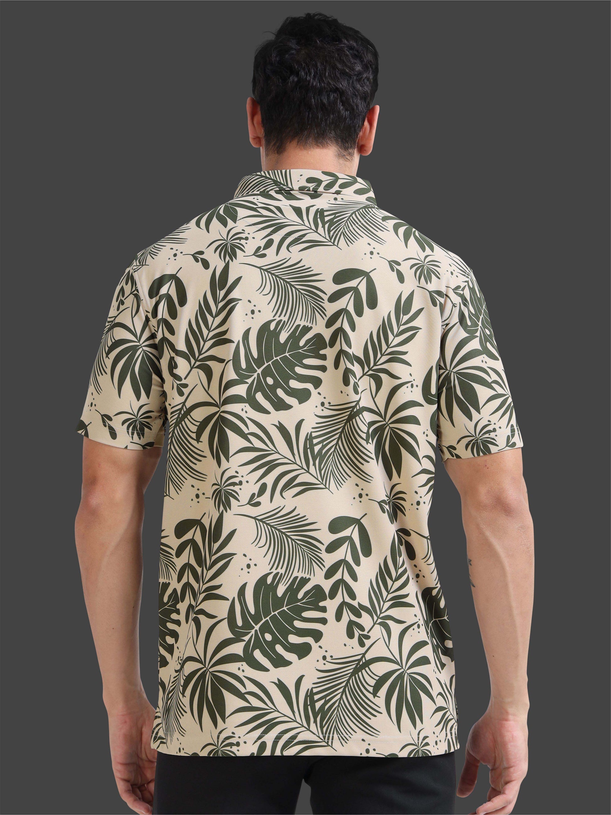 Beige Leaf Printed Polo T Shirt for Men