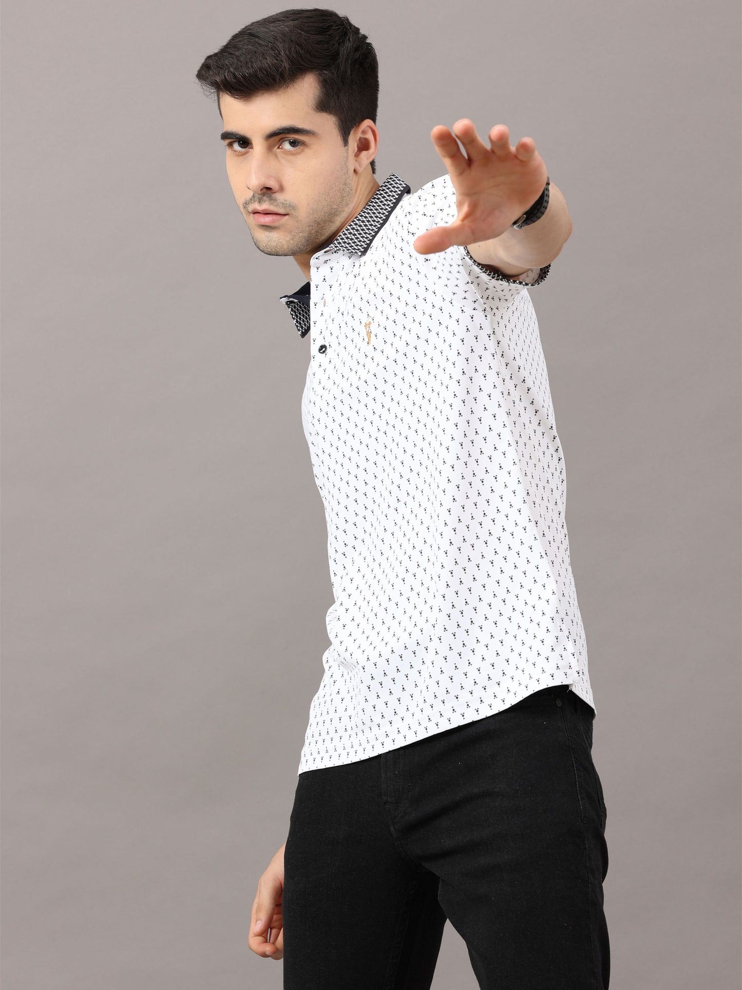 White Men's Ant Print Golf Polo T-Shirt | Quick Dry | Stretchable | UV Protected | Wrinkle & Odour-Free