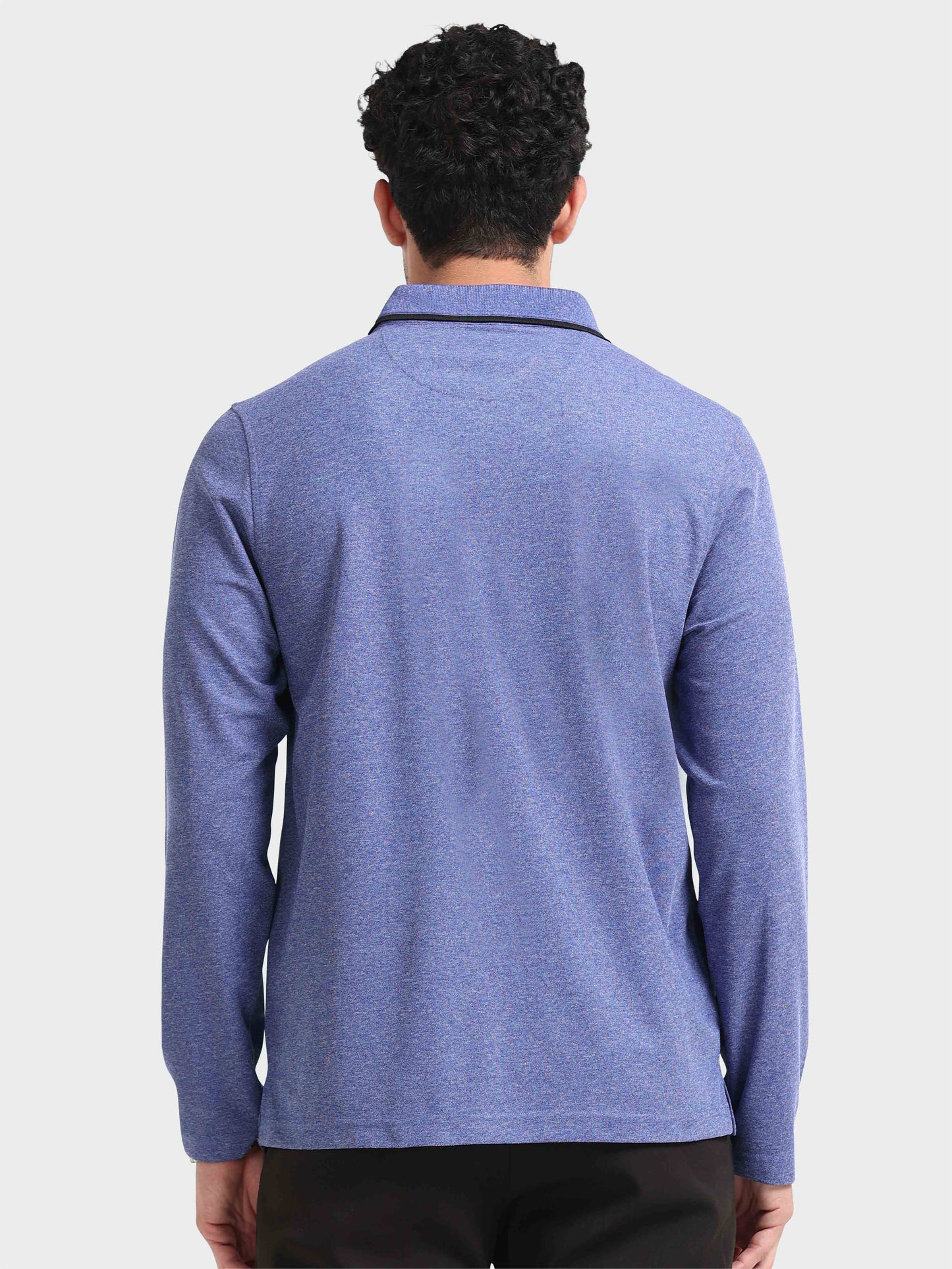 Blue Melange Zipper Full Sleeve Polo Tshirt For Men