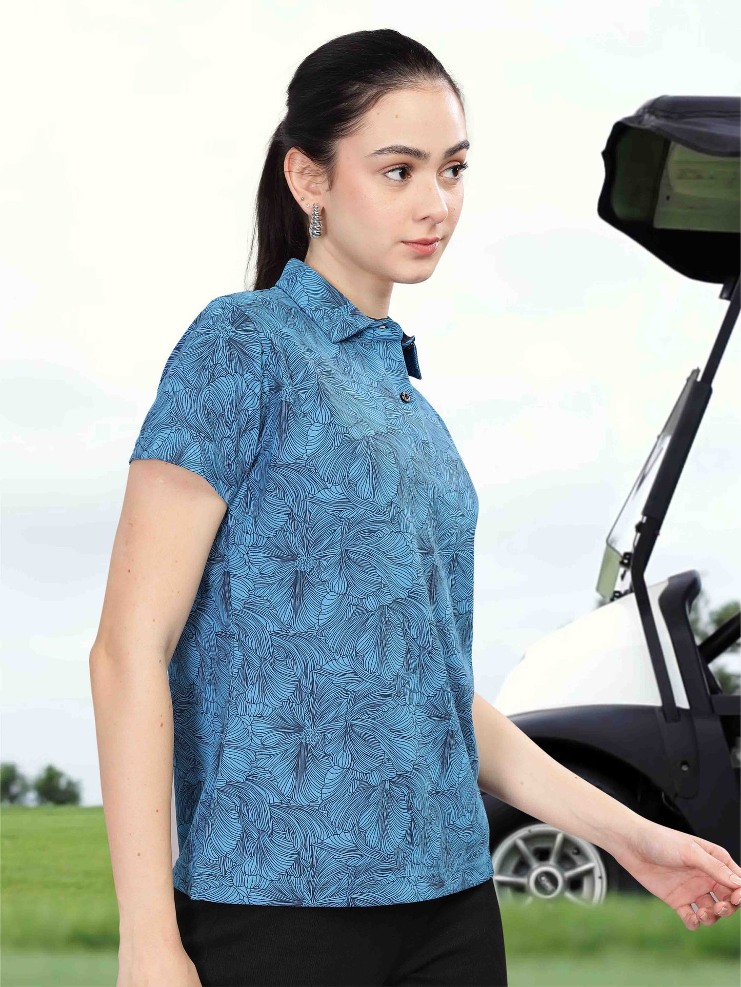 Dell Blue Women's Printed Polo T Shirt 