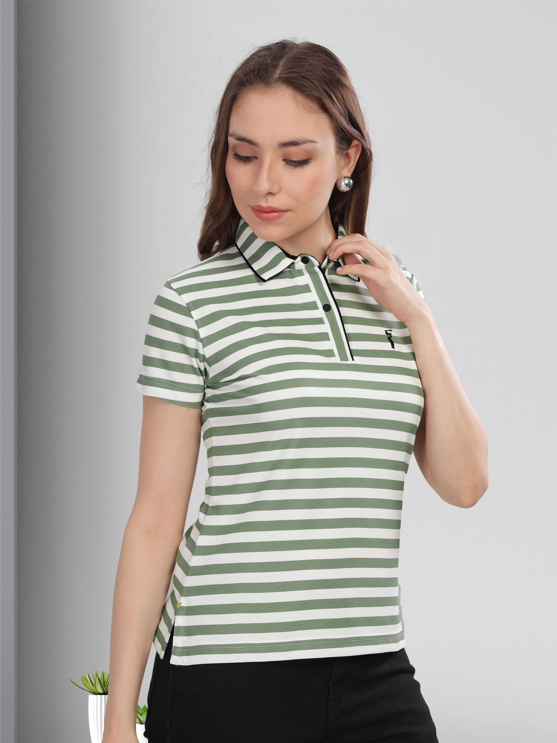Green Women's Stripes Polo T Shirt