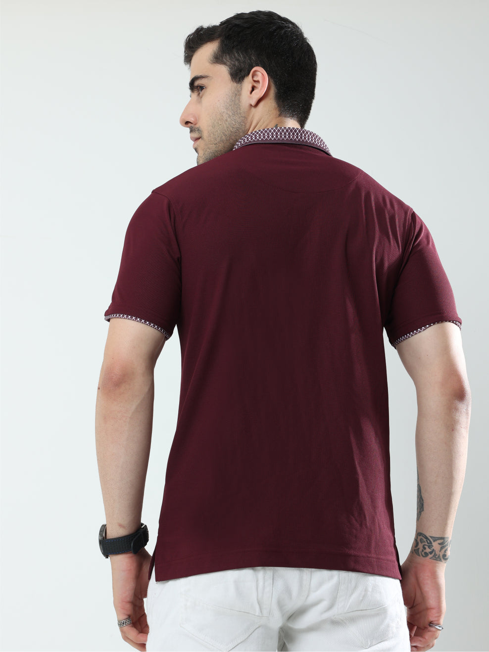 Wine Men's Jacquard Collar Polo T-Shirt | Quick Dry | Stretchable | UV Protected | Wrinkle & Odour-Free