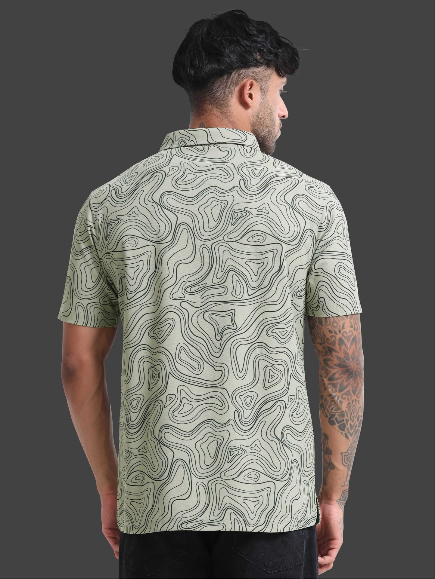 Moss Grey Printed Polo T Shirt for Men