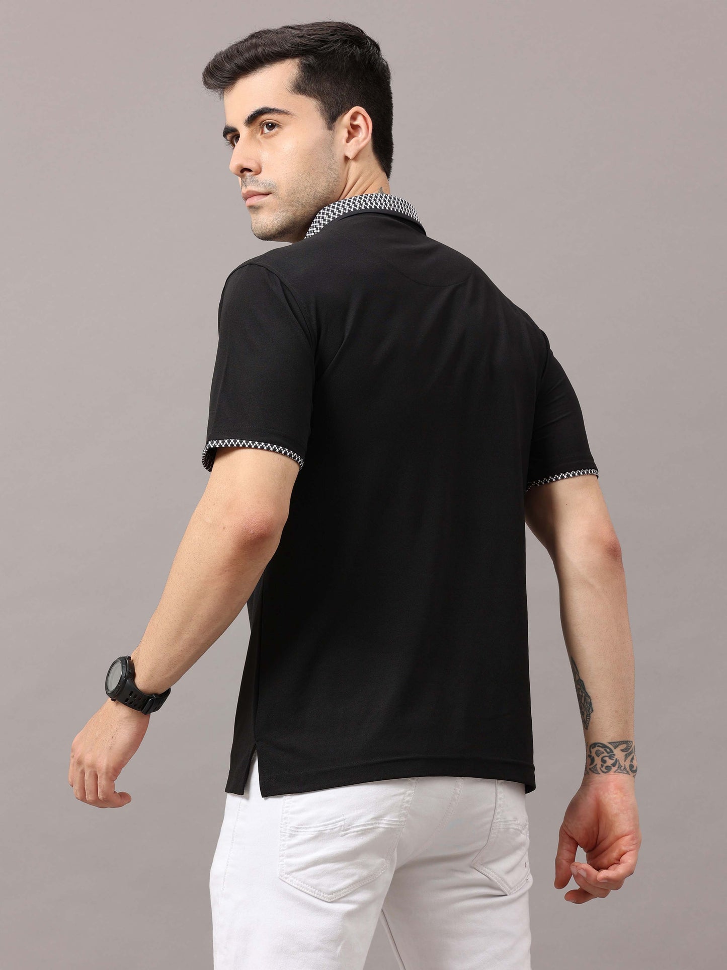 Black Men's Jacquard Collar Polo T-Shirt | Quick Dry | Stretchable | UV Protected | Wrinkle & Odour-Free
